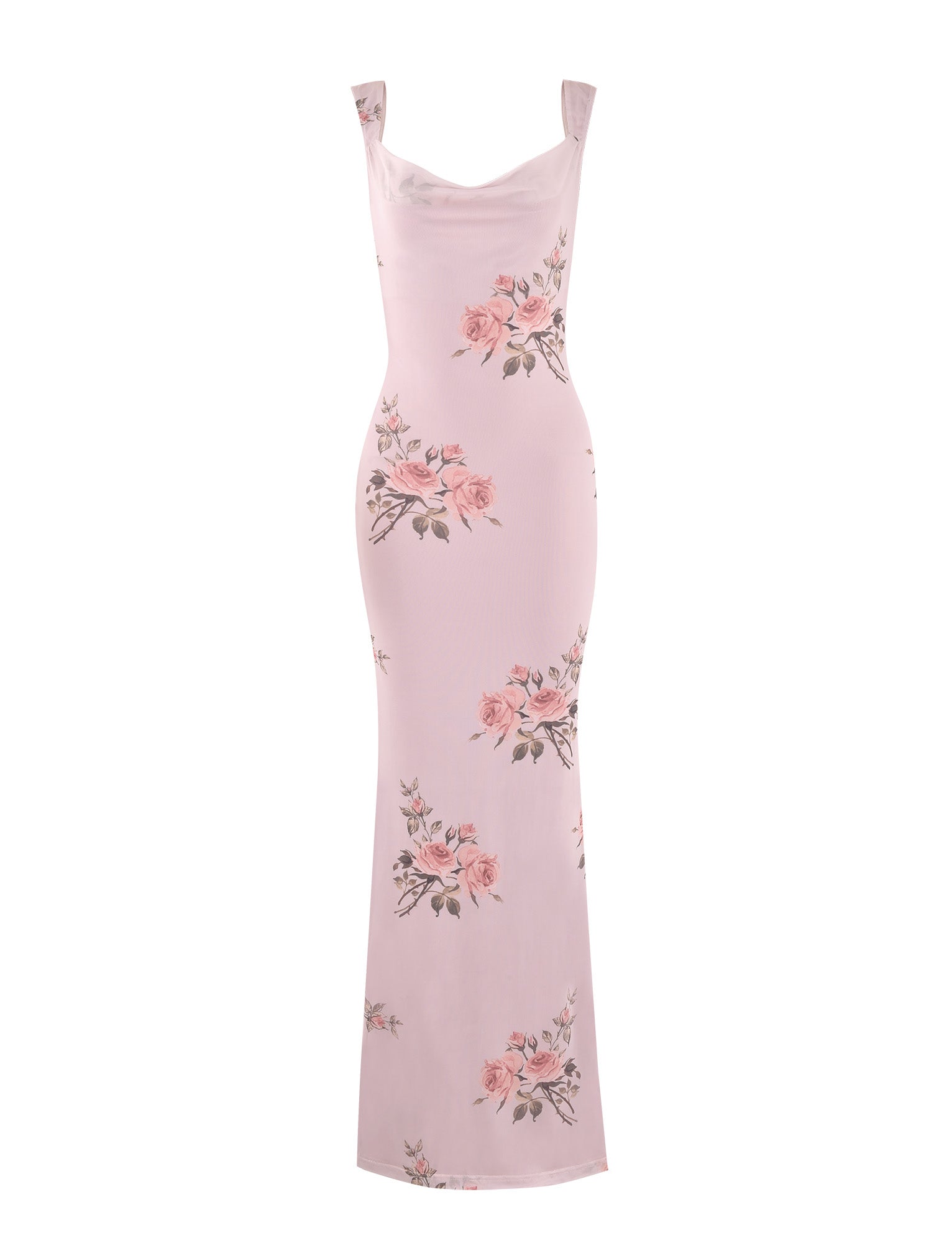 The MORANA DRESS - PINK : FLORAL by TIGERMIST is a long, sleeveless dress with a cowl neckline and a lovely floral pattern featuring pink roses and green leaves. Designed with a fitted silhouette, it gracefully reaches the ankles.