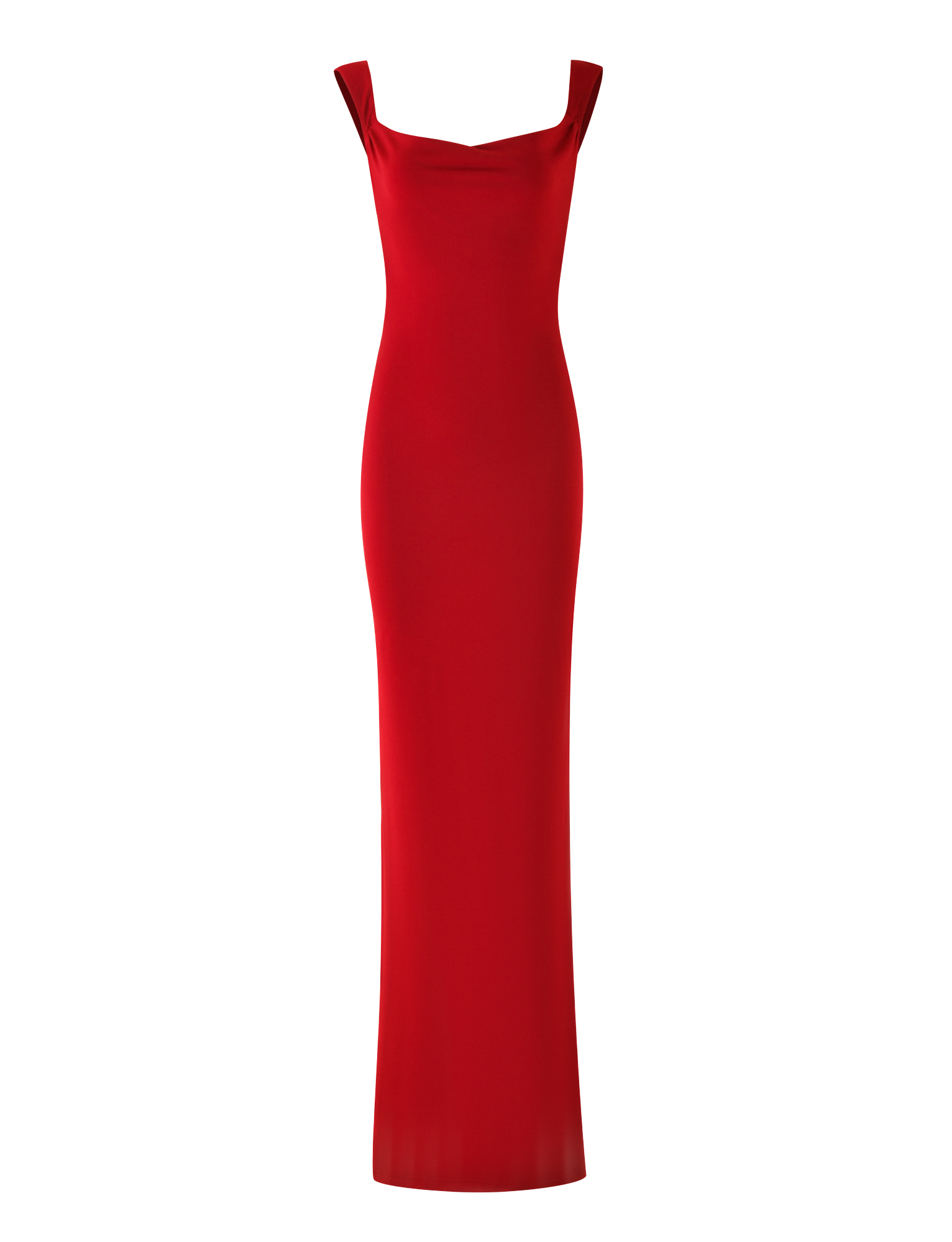 The TIGERMIST MORANA MAXI DRESS - RED features a floor-length, sleeveless bodycon fit with wide shoulder straps, shown on a white background.
