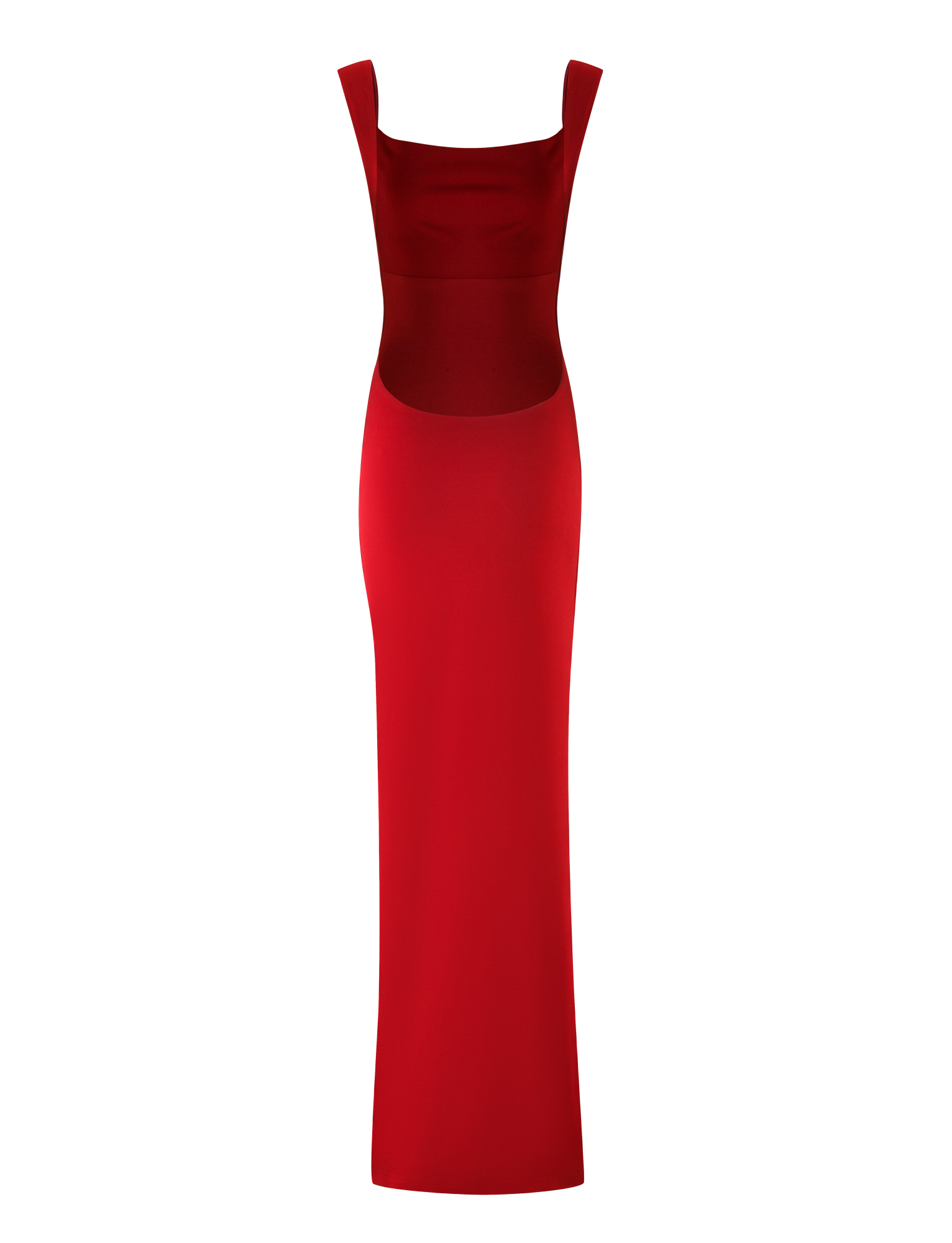 The TIGERMIST MORANA MAXI DRESS - RED is a sleeveless, bodycon floor-length dress with wide shoulder straps and a waist cutout, creating a bold, elegant silhouette.