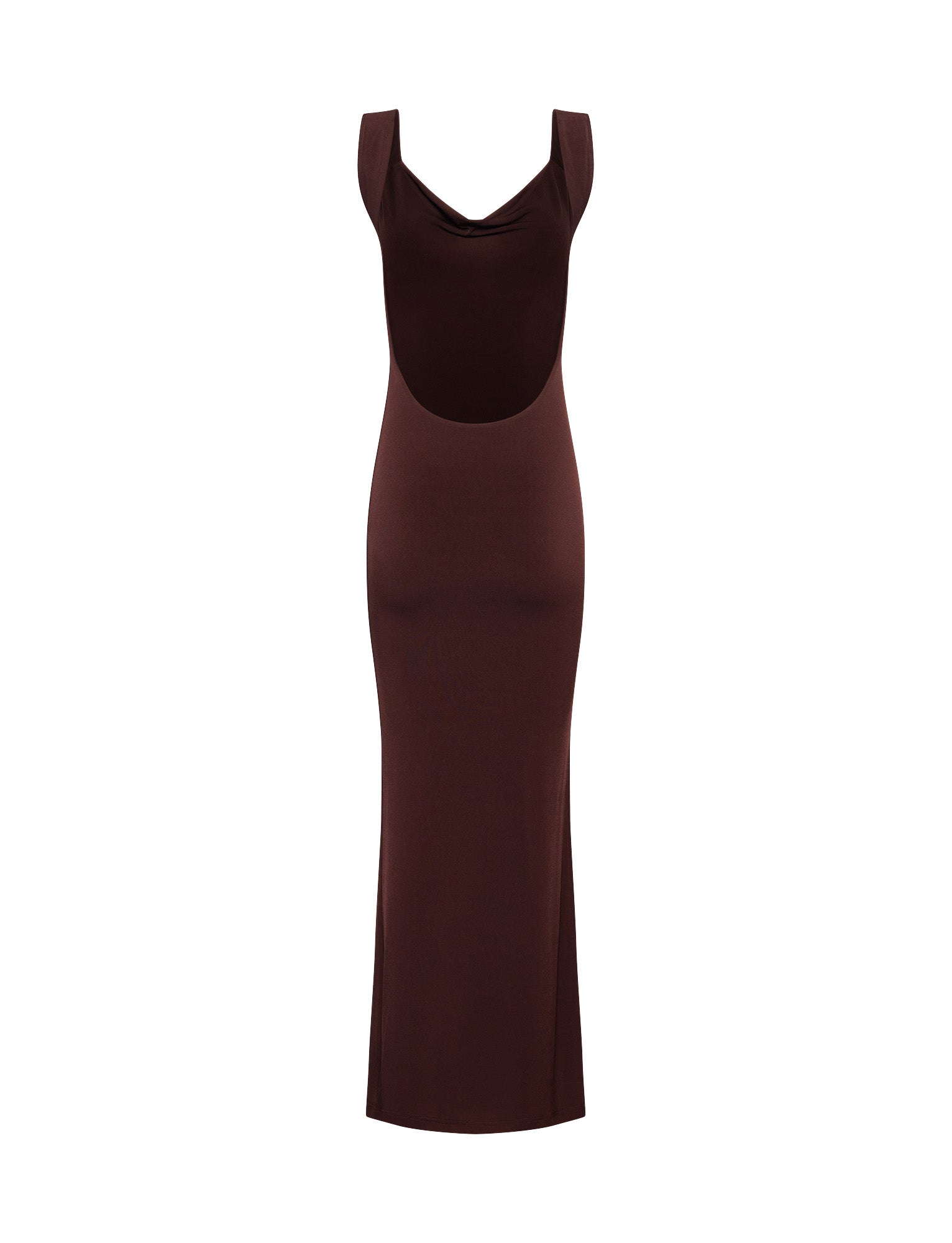 The MORANA DRESS - BROWN : CHOCOLATE by TIGERMIST is a sleeveless, full-length brown dress that boasts a cowl neckline and an open back detail. It features a slim, fitted silhouette with a straight hem extending down to the ankles, crafted from smooth and slightly stretchy fabric.