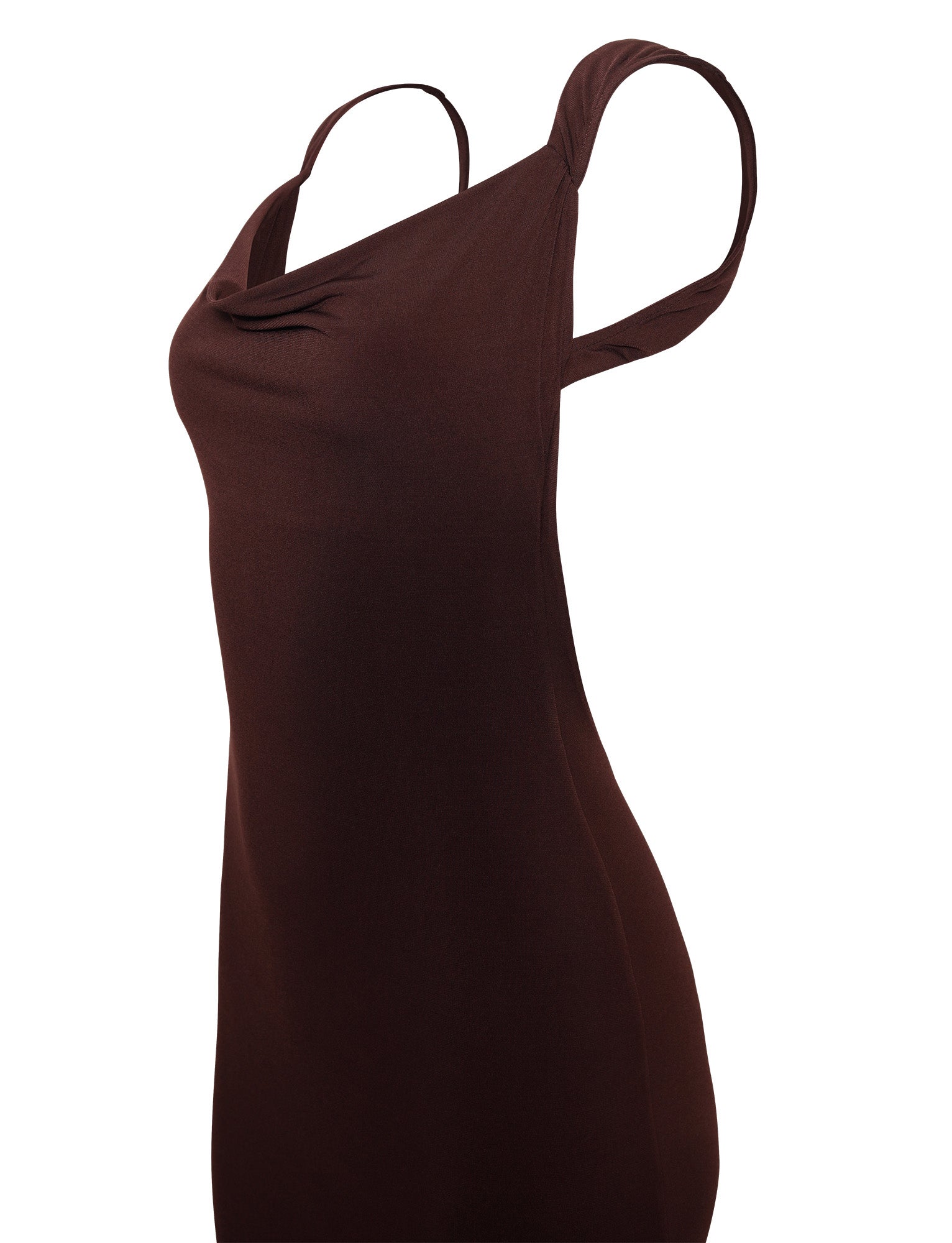 A sleeveless, body-hugging MORANA DRESS - BROWN : CHOCOLATE from TIGERMIST hangs on a white background. It features a chic, draped neckline and thin shoulder straps, offering a simple yet elegant look. The fabric appears smooth and slightly stretchy.