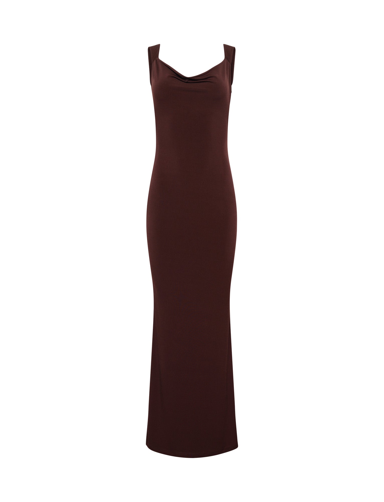 The MORANA DRESS - BROWN : CHOCOLATE from TIGERMIST is a full-length, sleeveless brown dress that features a fitted silhouette and a draped neckline. Extending to the ankles, the dress is displayed against a plain white background.