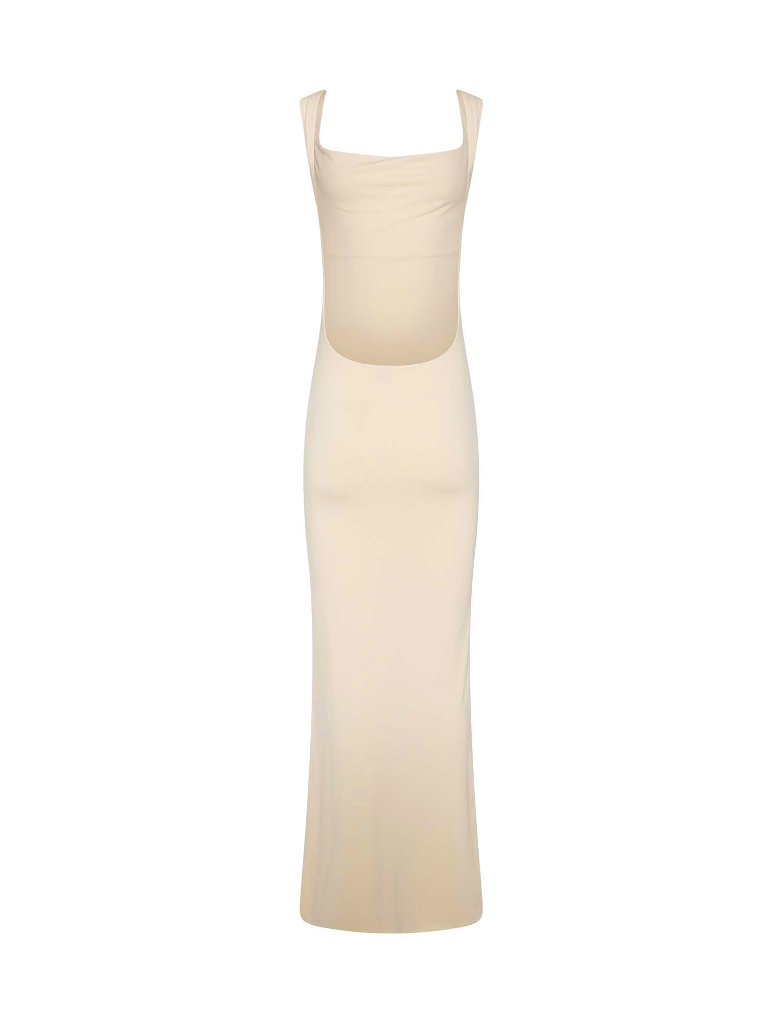 The TIGERMIST MORANA DRESS - YELLOW : BUTTER is a sleeveless, bodycon maxi dress in a butter yellow shade, featuring a square neckline and midriff cutout, displayed on a plain white background.