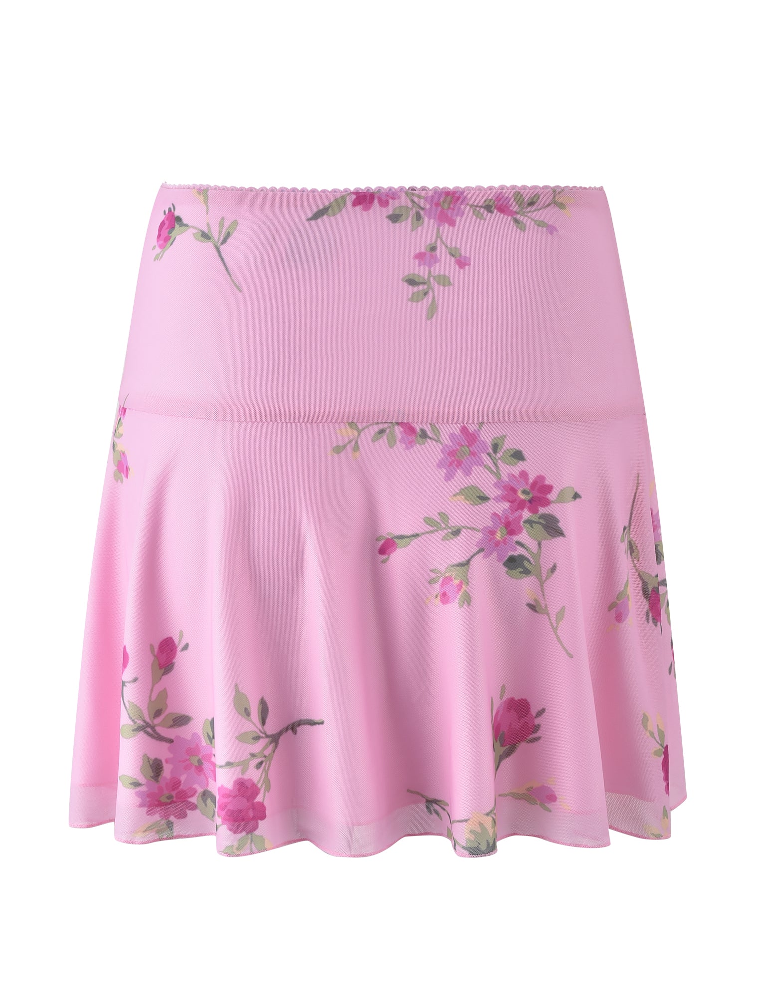 The FEYRA SKIRT - PINK : MACRO FLORAL from TIGERMIST is a light pink, above-the-knee skirt with a floral pattern showcasing small pink flowers and green leaves. It features a flared design and has a smooth waistband.