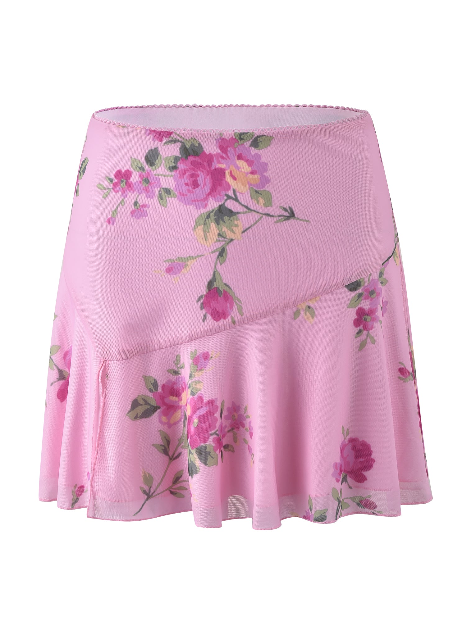 The FEYRA SKIRT - PINK : MACRO FLORAL from TIGERMIST is a pink, asymmetrical hem skirt adorned with a floral pattern of pink and yellow flowers and green leaves. Crafted from lightweight fabric, its flowy design imparts a breezy, feminine look.