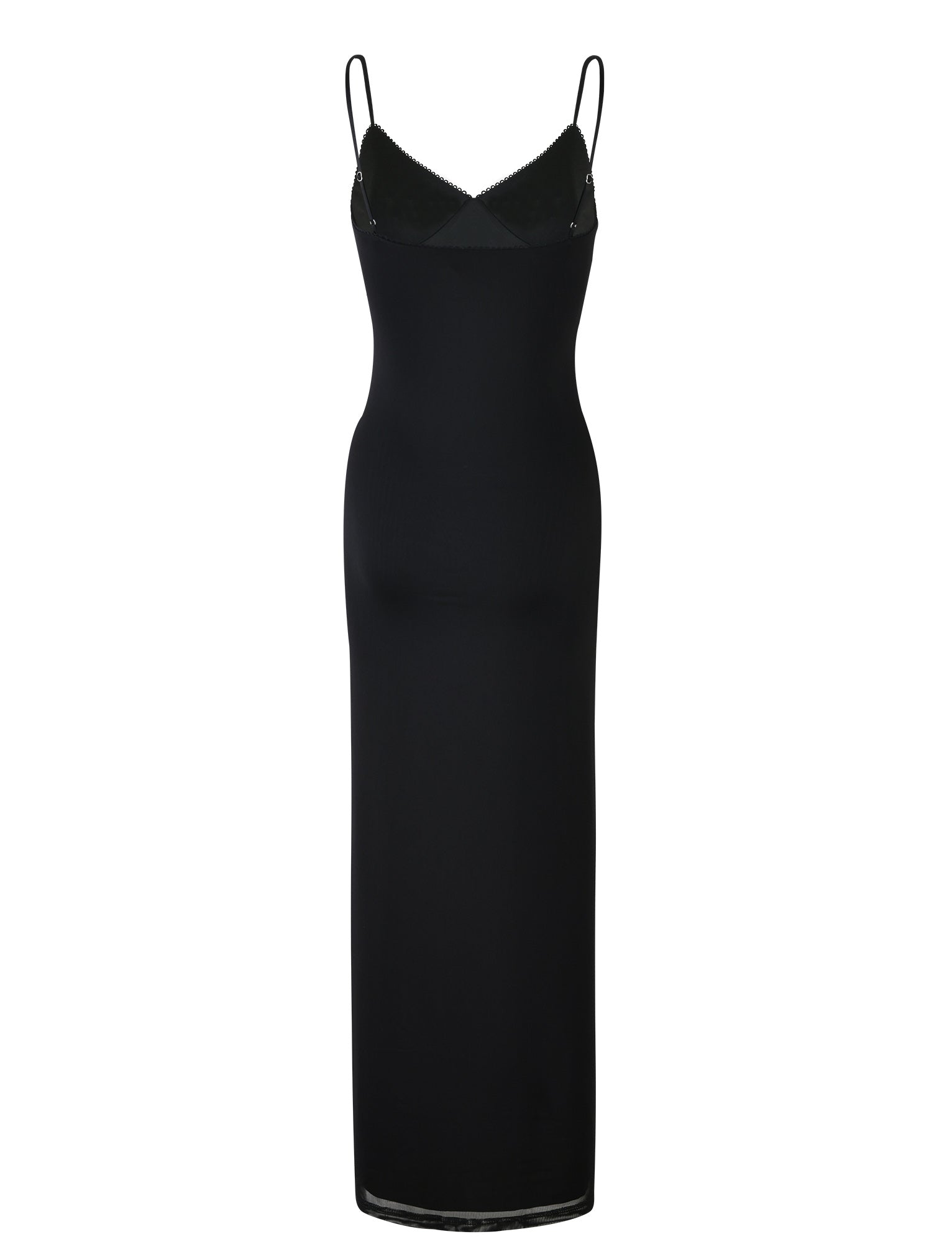 The JULIANNA DRESS - BLACK by TIGERMIST is a sleek, black, ankle-length maxi dress with thin spaghetti straps. It features a fitted silhouette, a V-neckline with subtle seam detailing, and an elegant eyelet trim for added sophistication.