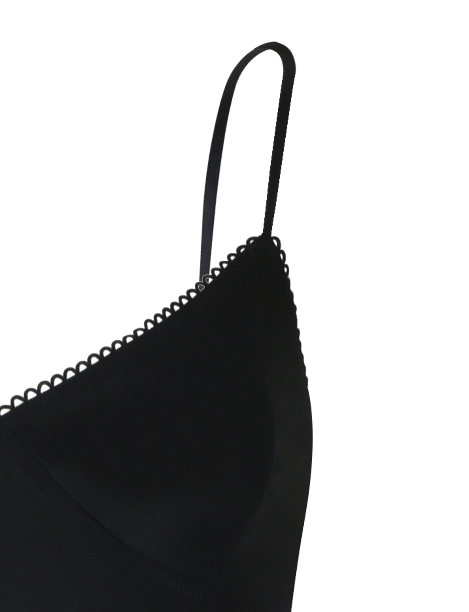 Close-up of the JULIANNA DRESS - BLACK by TIGERMIST showcasing its black spaghetti straps and delicate eyelet trim along the neckline. The fabric is smooth and appears lightweight, designed for a fitted look. The background is plain white, highlighting the details of the dress prominently.