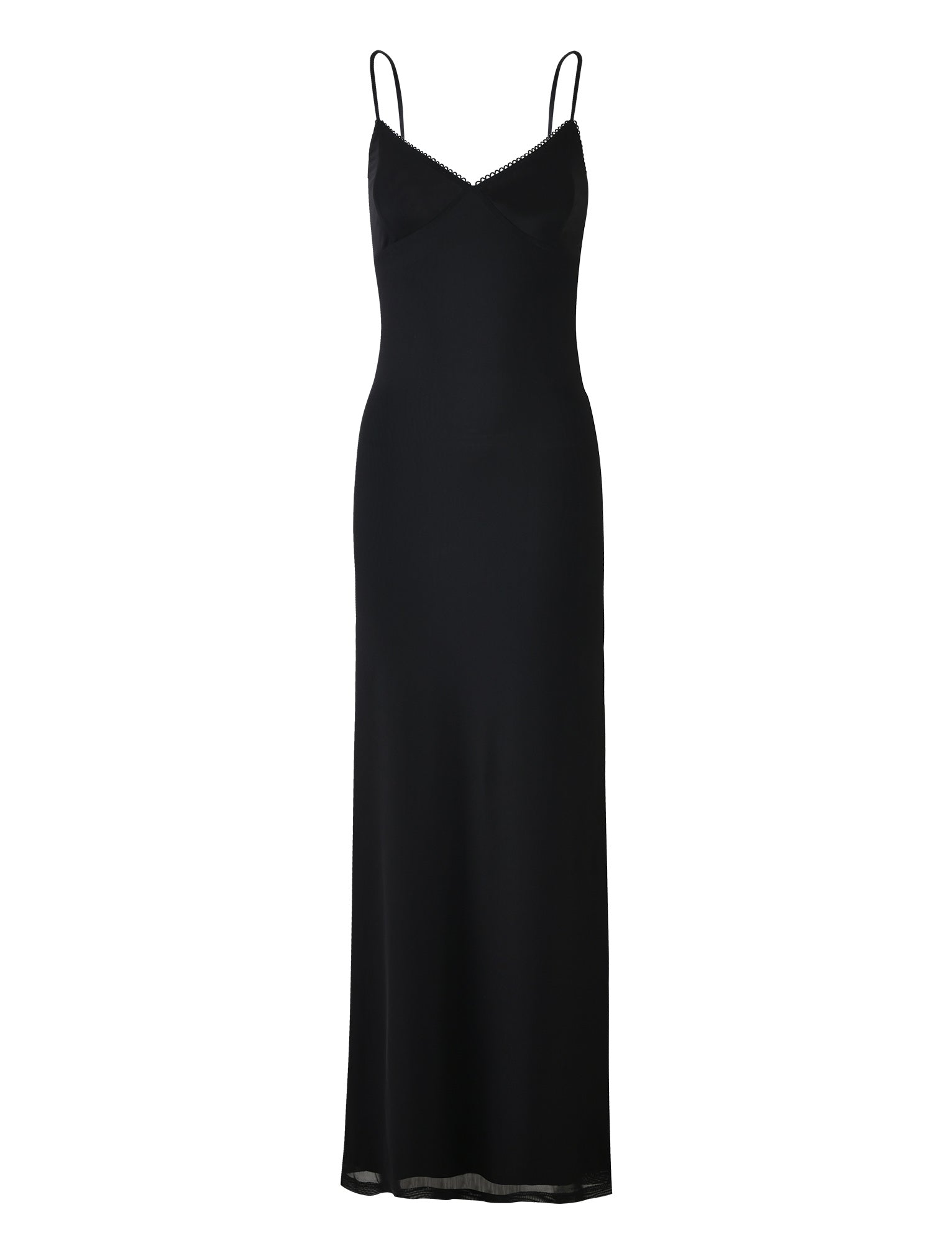 The JULIANNA DRESS - BLACK by TIGERMIST is a sleek and elegant sleeveless dress featuring thin spaghetti straps and a subtle V-neckline. With its fitted silhouette that gently flares out towards the hem, this long dress offers a simple yet sophisticated look perfect for formal occasions.