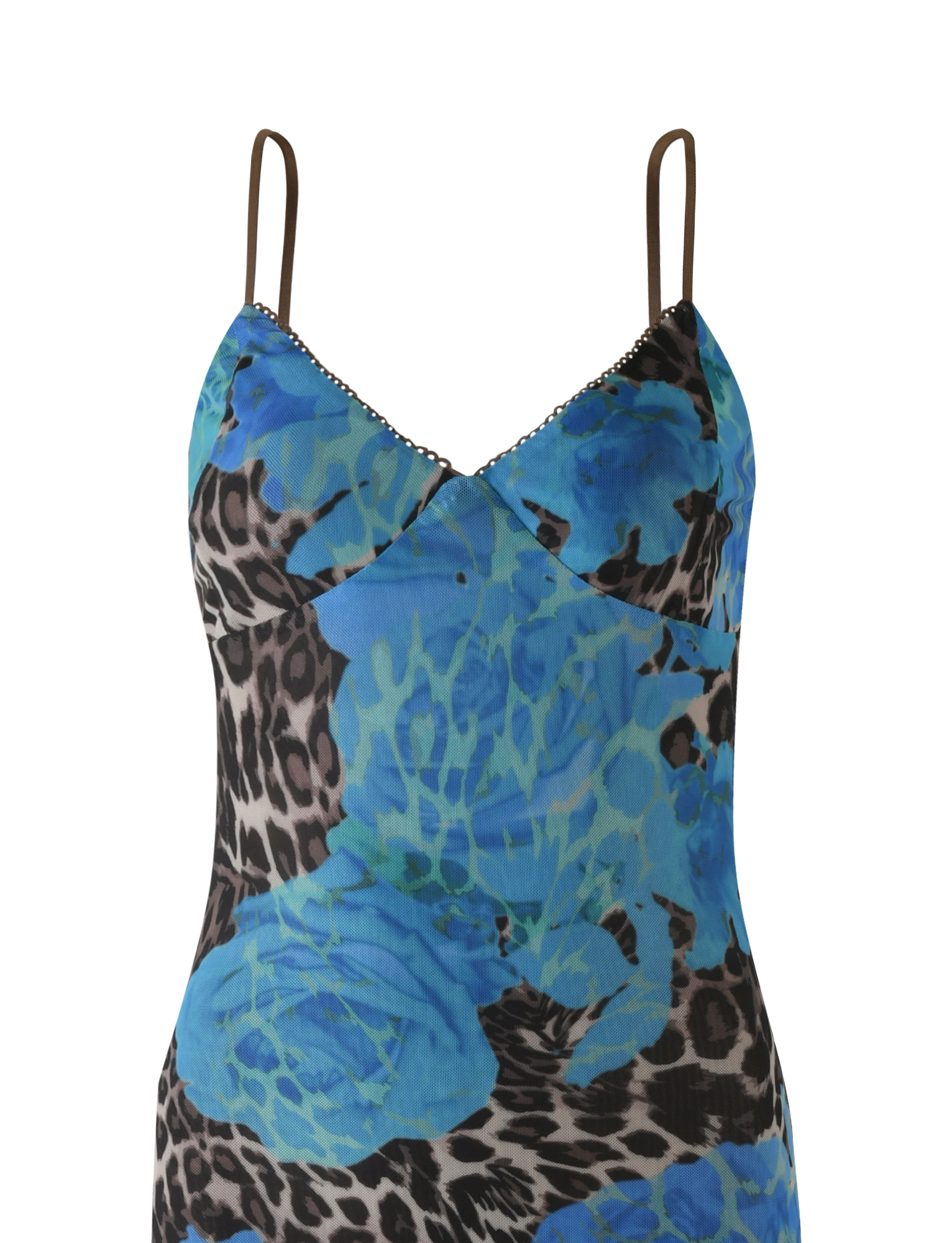 The TIGERMIST JULIANNA DRESS - BLUE : LEOPARD is a sleeveless maxi dress with thin straps, a V-neckline with delicate trim, and a striking blue floral and leopard print design.