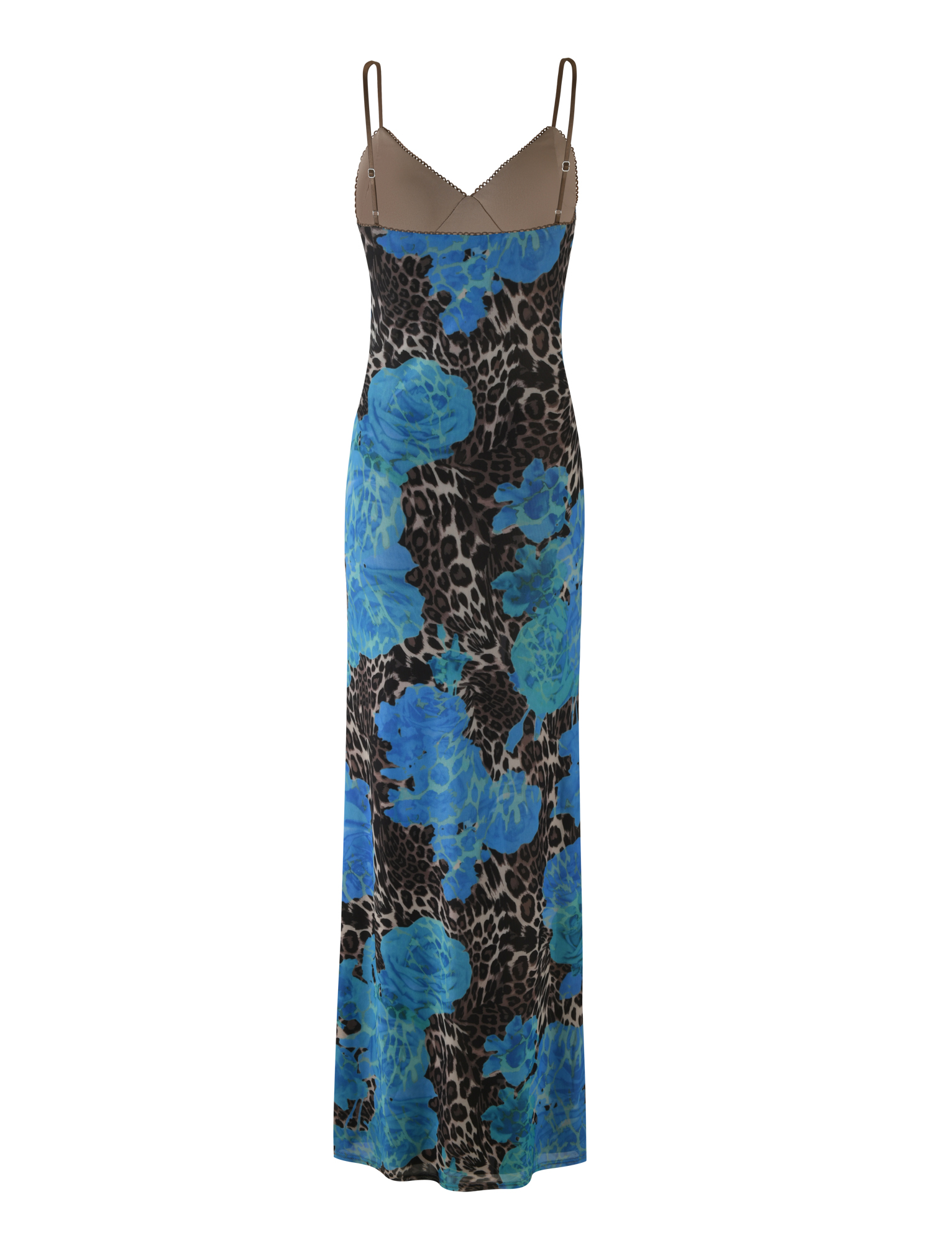 The JULIANNA DRESS - BLUE : LEOPARD by TIGERMIST is a sleeveless maxi dress with thin straps, featuring a bold blue floral and leopard print and a taupe bust.