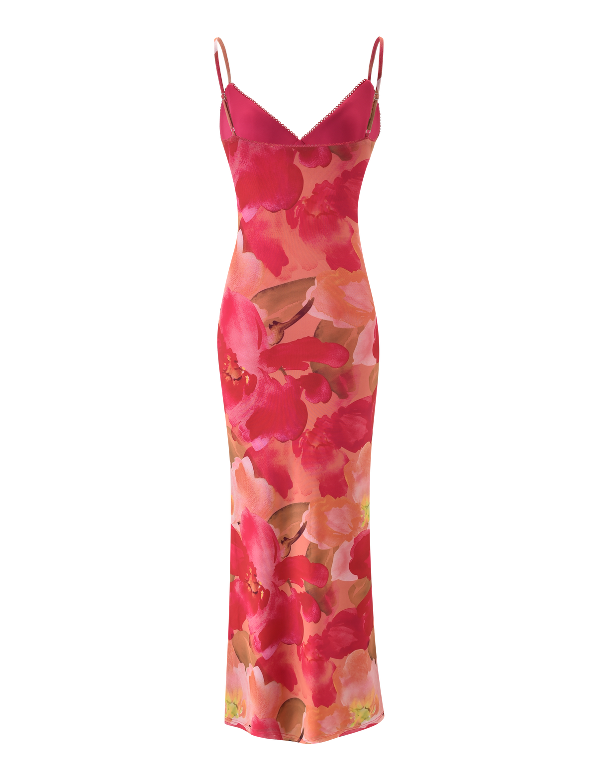 The JULIANNA MAXI DRESS - DAIQUIRI FLORAL by TIGERMIST is a sleeveless, form-fitting maxi dress with adjustable spaghetti straps and a vibrant pink and red floral print on a peach background.