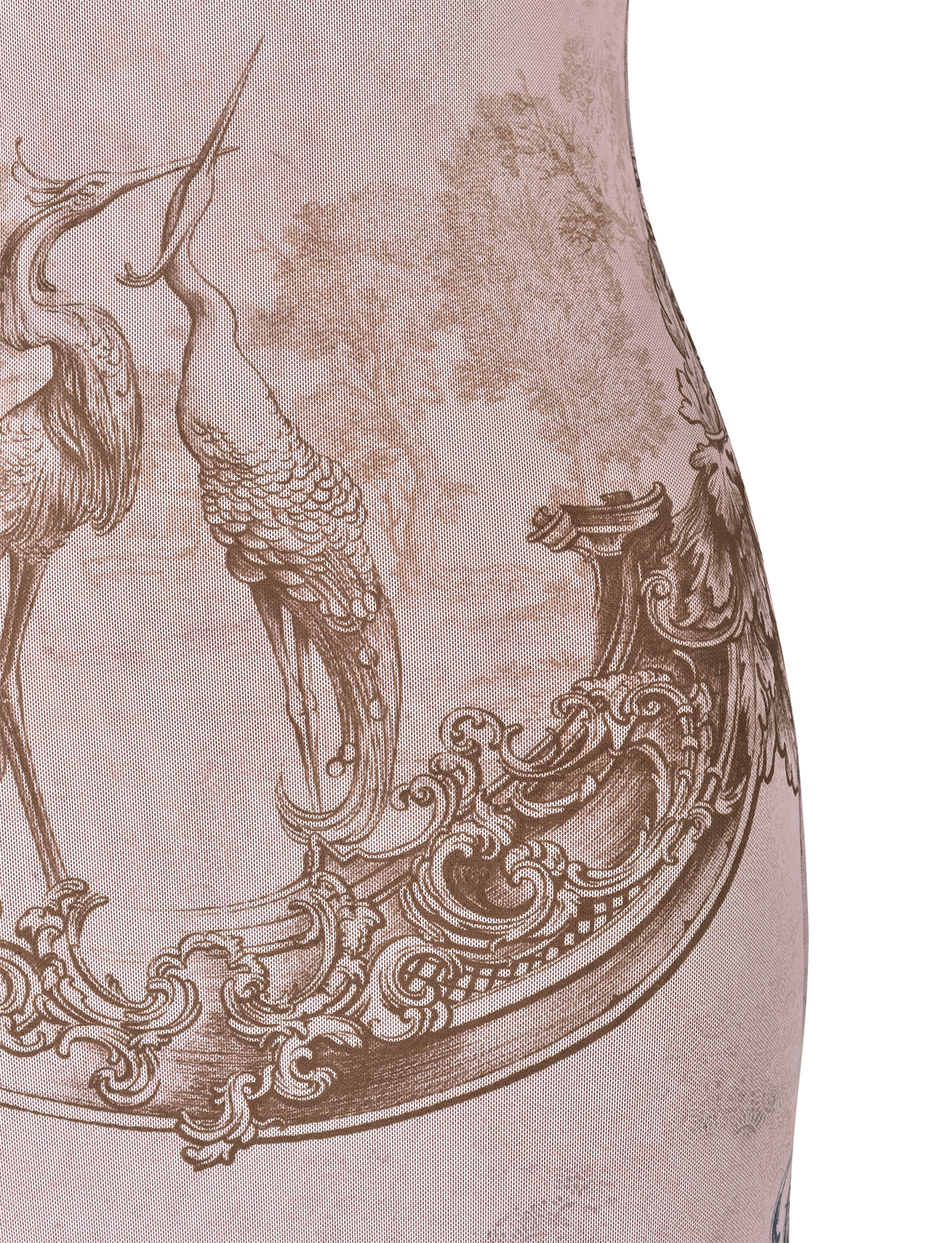 A close-up of the TIGERMIST JULIANNA DRESS - MULTI : COLLAGE : CRANES shows detailed brown heron illustrations on a light pink fabric, with ornate structures and trees in the background, echoing the Collage Cranes print.