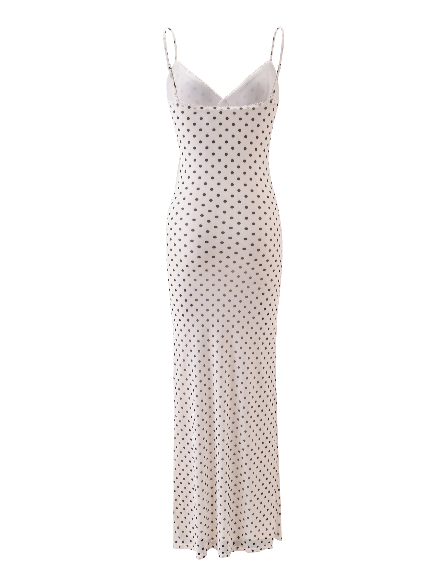 The TIGERMIST JULIANNA MAXI DRESS - POLKA DOT is a black and white, floor-length dress with adjustable spaghetti straps and a sleeveless design for effortless elegance.