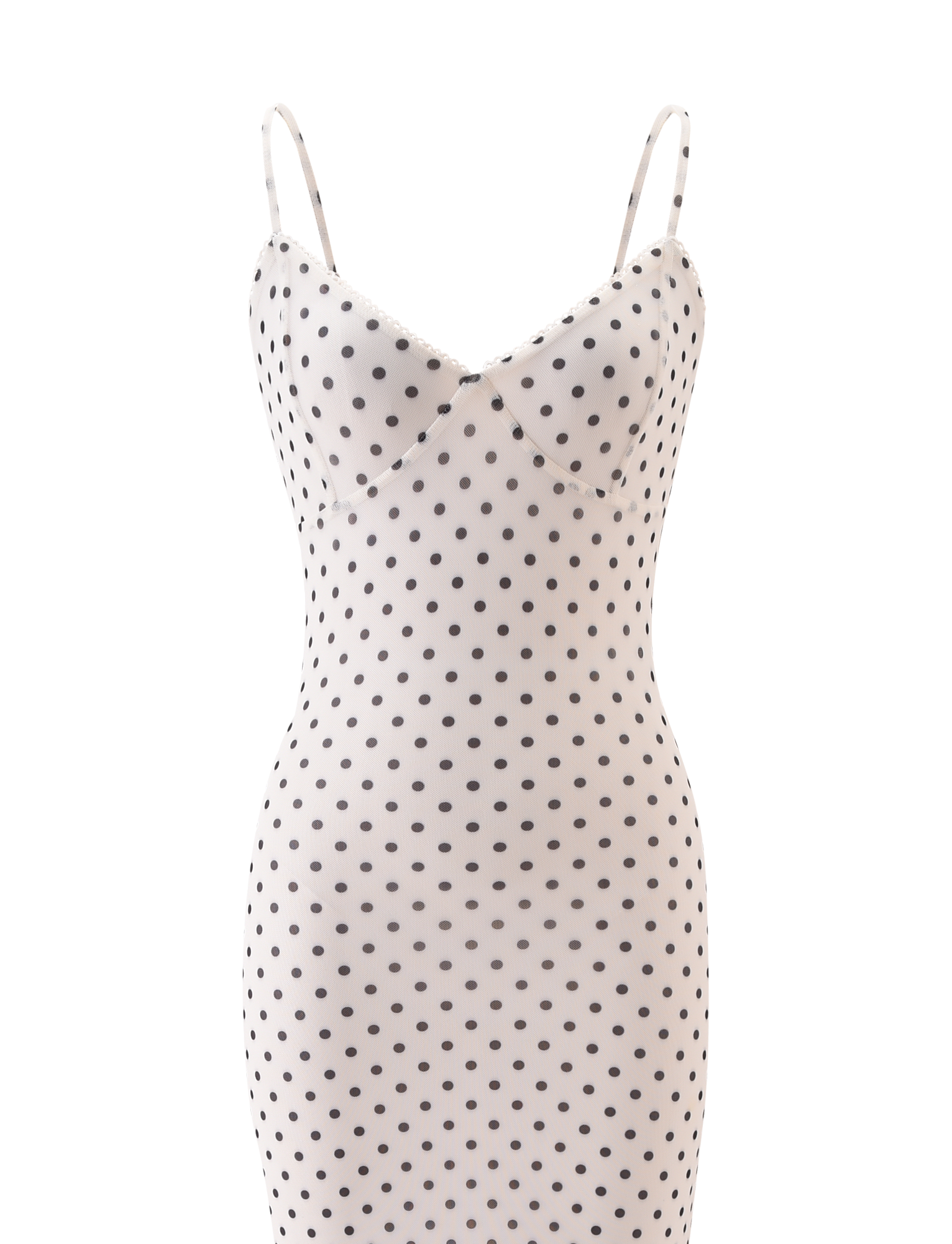 The TIGERMIST JULIANNA MAXI DRESS - POLKA DOT is a sleeveless, fitted dress with adjustable spaghetti straps and a playful polka dot design on crisp white fabric.