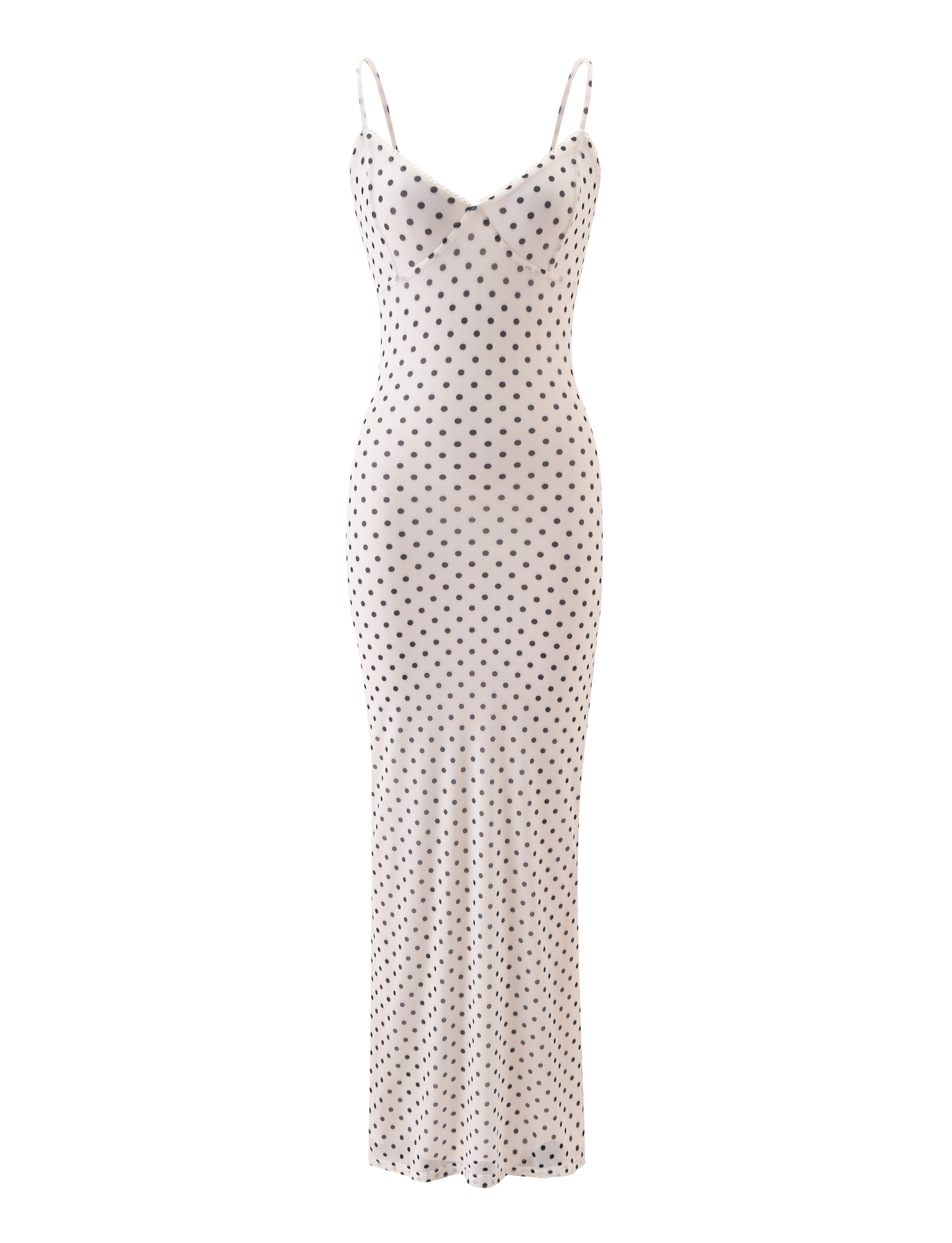The TIGERMIST JULIANNA MAXI DRESS - POLKA DOT is a long, white maxi dress with a fitted silhouette, adjustable spaghetti straps, and an evenly spaced black and white polka dot pattern.