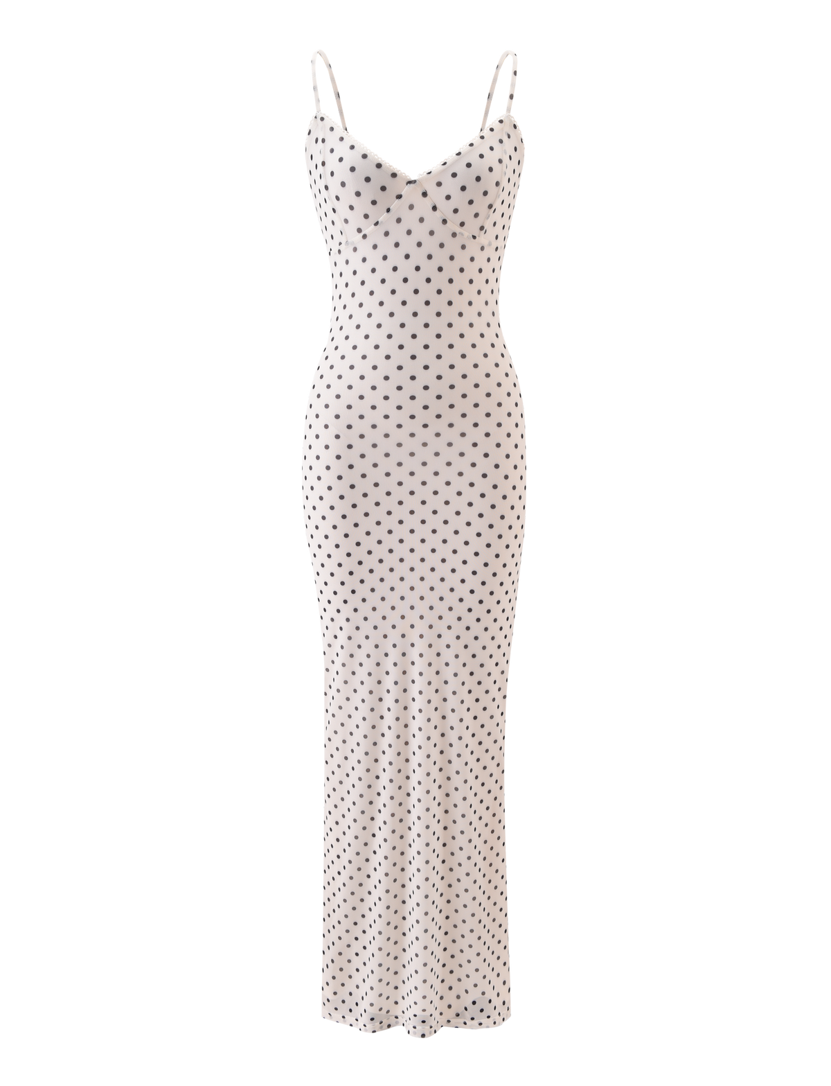 The TIGERMIST JULIANNA MAXI DRESS - POLKA DOT is a long, white maxi dress with a fitted silhouette, adjustable spaghetti straps, and an evenly spaced black and white polka dot pattern.