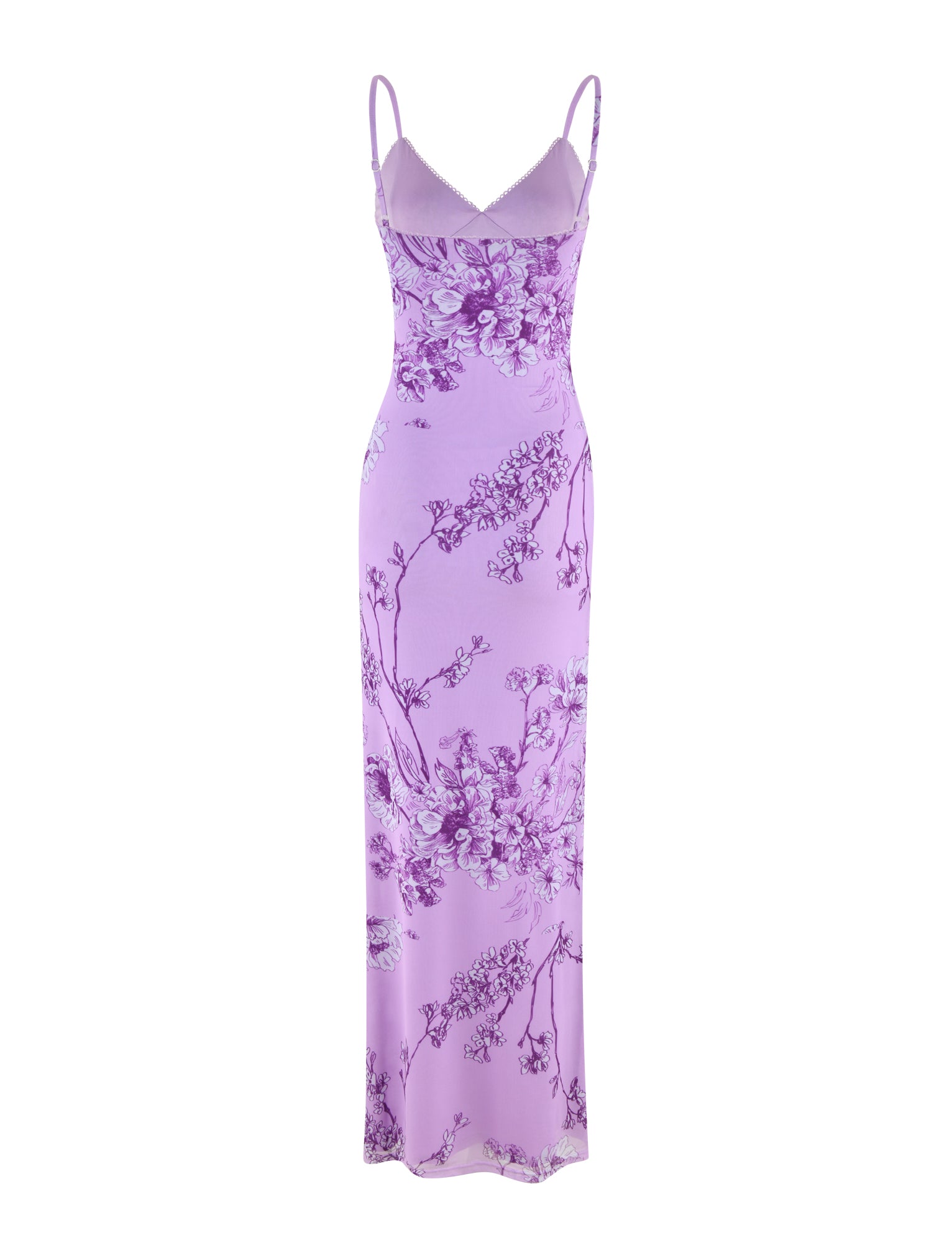 TIGERMIST's JULIANNA DRESS is a sleeveless, lavender maxi dress with spaghetti straps and a purple ceramic floral print. Its fitted bodice and flowing skirt embody sophisticated elegance in every silhouette.