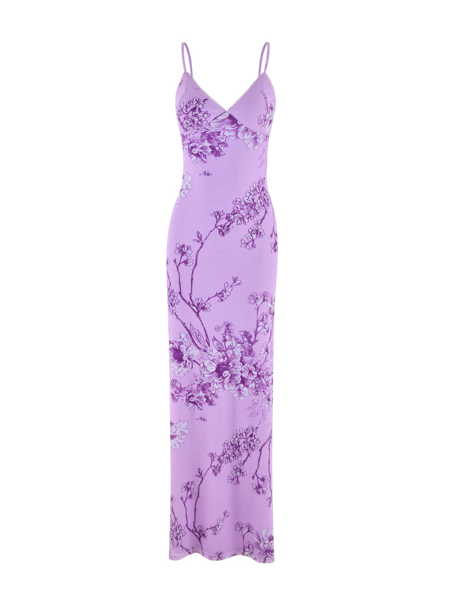The TIGERMIST JULIANNA DRESS - PURPLE features a lavender floral maxi design with thin spaghetti straps and a purple ceramic floral print, highlighting a fitted silhouette.