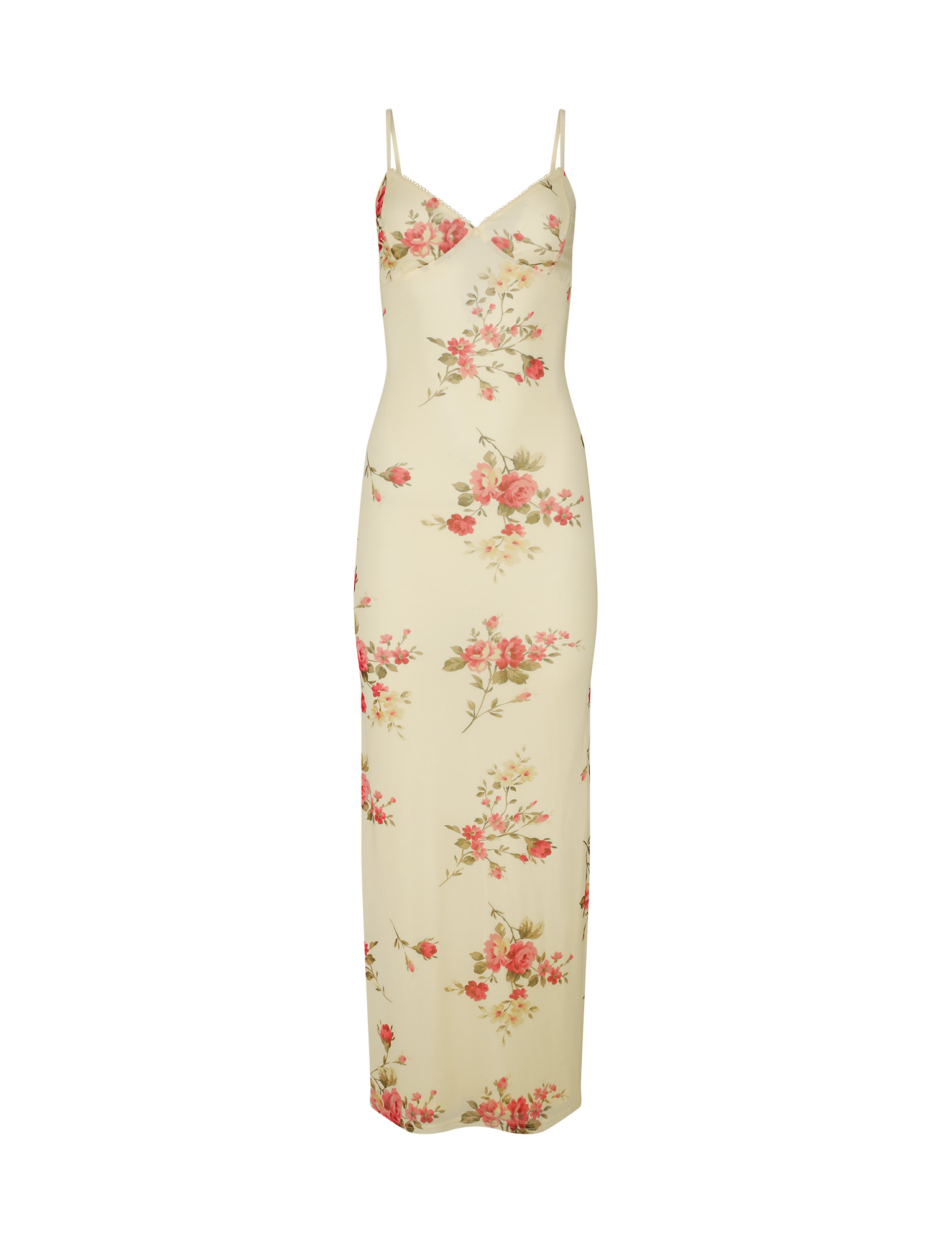 The TIGERMIST JULIANNA DRESS is a sleeveless, floor-length yellow maxi dress with macro and pop floral prints, adjustable spaghetti straps, a fitted silhouette, and a subtle v-neckline.
