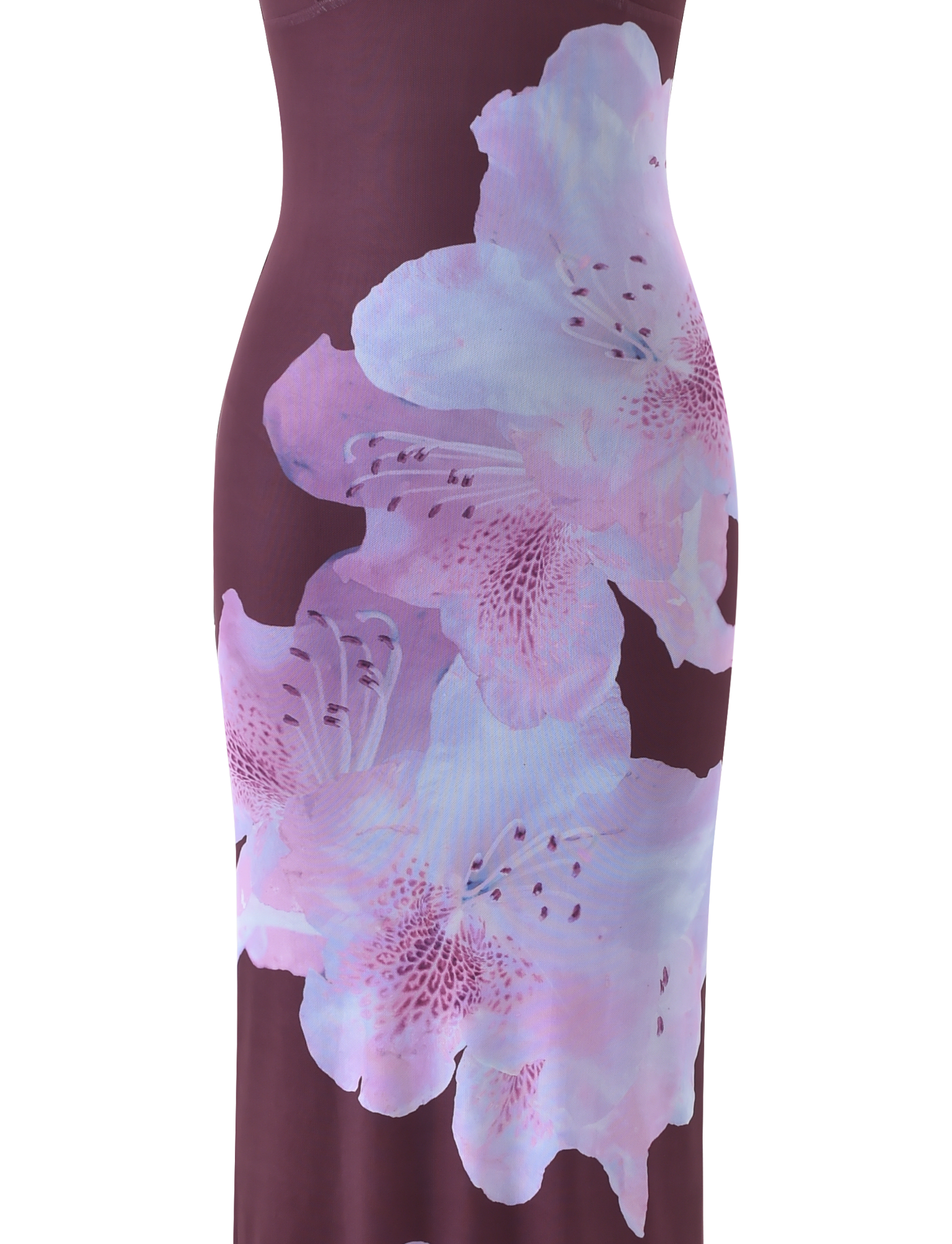 A close-up of the JULIANNA MAXI DRESS - ZEN FLORAL by TIGERMIST, a maroon maxi dress adorned with large pastel purple and pink floral prints.