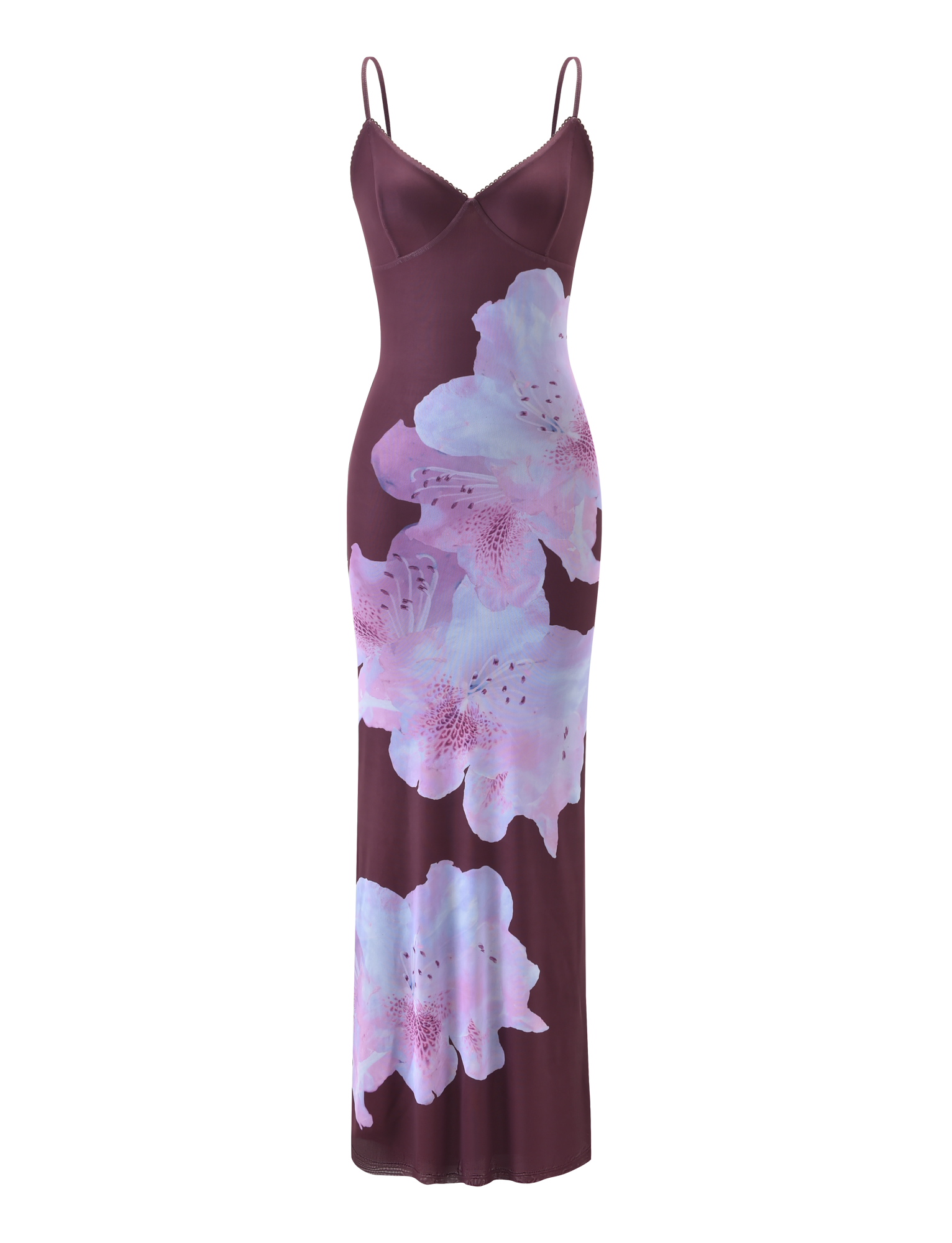 The CL - JULIANNA DRESS by Tiger Mist is a sleeveless, maroon slip dress featuring thin spaghetti straps and bold light pink and lavender floral prints on the front.
