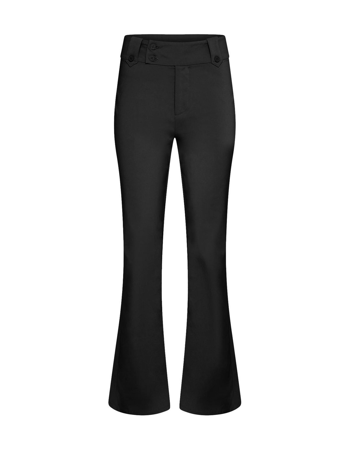 The KITTIE HIGH RISE PANT by TIGERMIST features a black stretch-suiting flared leg design with decorative buttons on the wide waistband, shown on a white background.