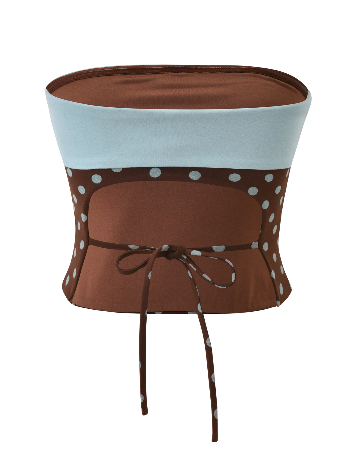 The IMOGEN TUBE TOP - BROWN AND BLUE POLKA DOT by TIGERMIST is a strapless brown top with a light blue band, white polka dot print, and a thin waist tie for extra style.