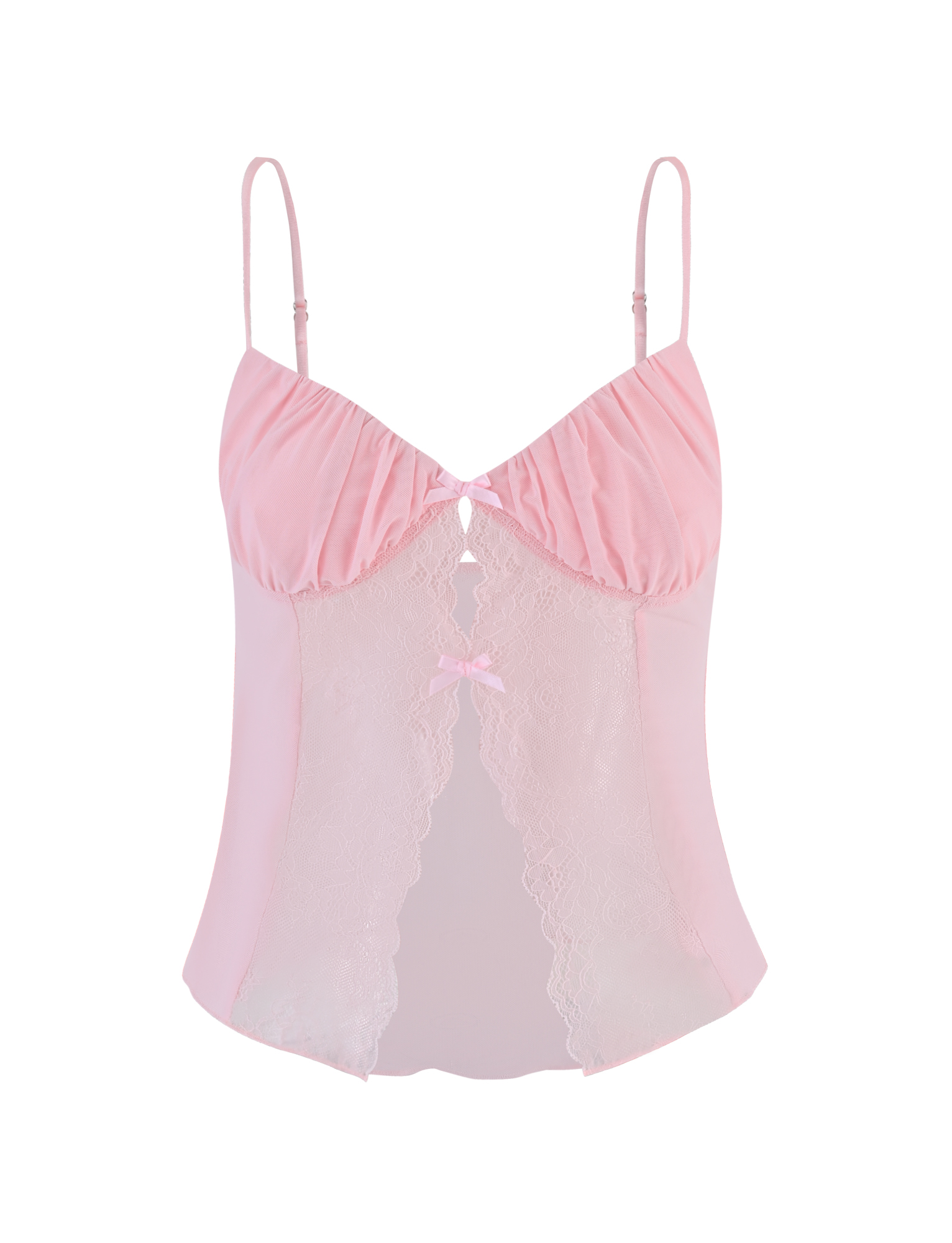 The TIGERMIST TYSON TOP in baby pink features lace front panels, thin adjustable straps, two decorative bows, and is crafted from soft, slightly sheer stretchy mesh for an elegant and feminine look.