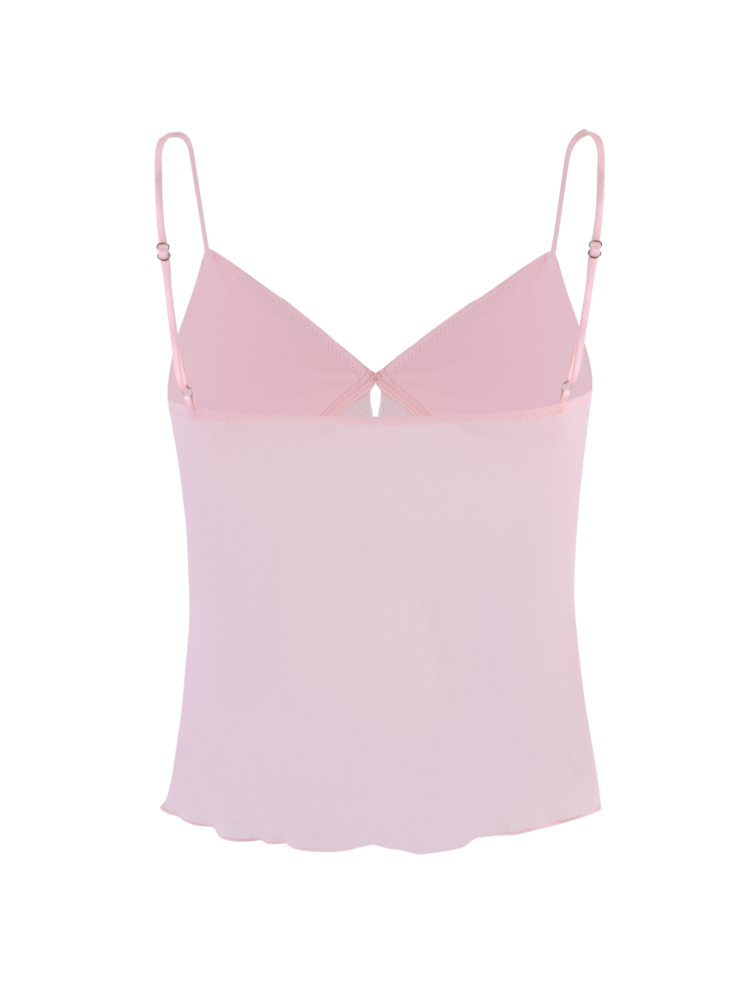 The TYSON TOP - BABY PINK by TIGERMIST is a light pink singlet with thin adjustable straps and a subtle V-neck. Crafted from soft, stretchy mesh, this sleeveless camisole offers a slightly sheer, effortless style.