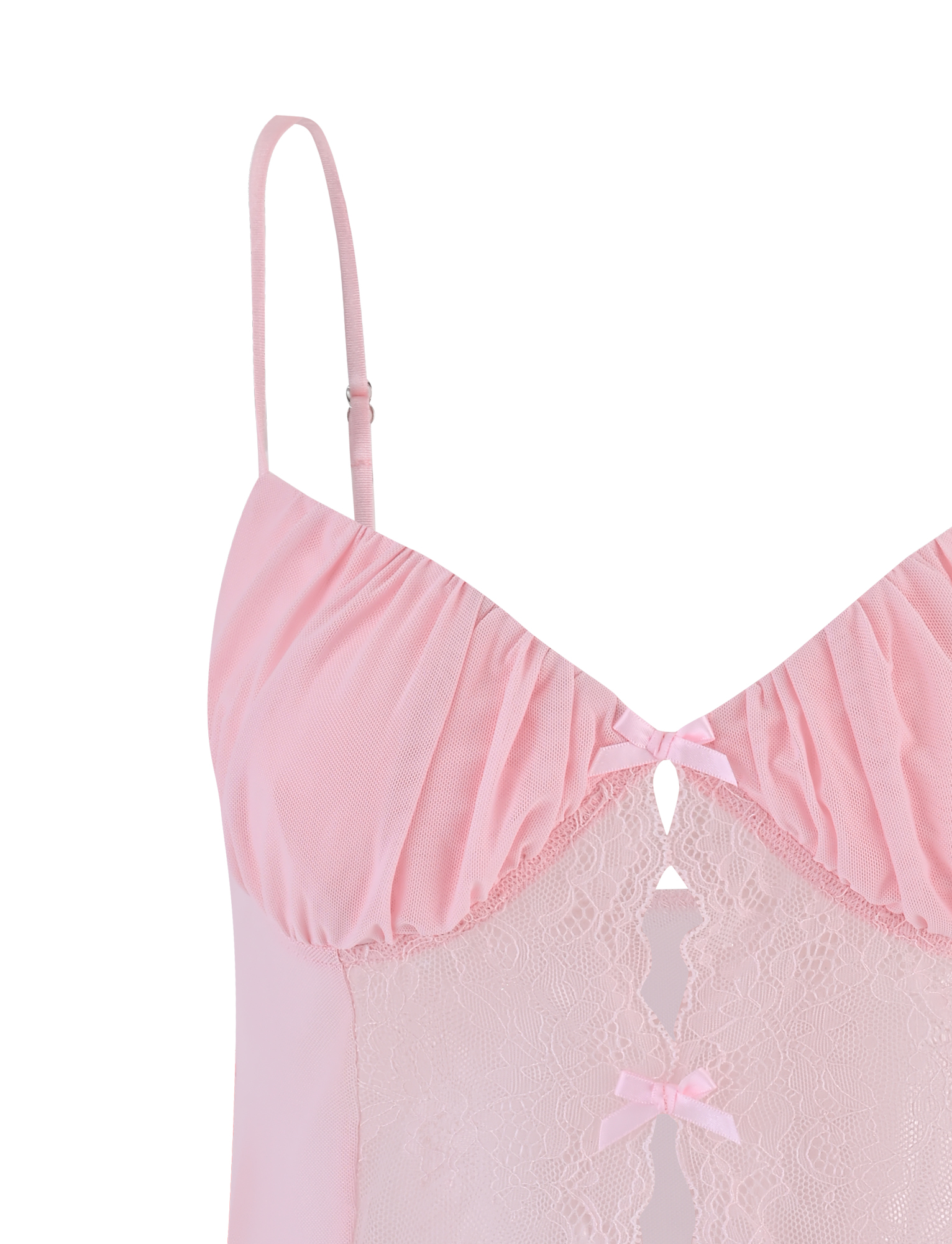 Close-up of the TIGERMIST TYSON TOP - BABY PINK: a light pink singlet with adjustable straps, two satin bows on the front, stretchy mesh fabric, sheer sections, and delicate lace details for an elegant, feminine style.