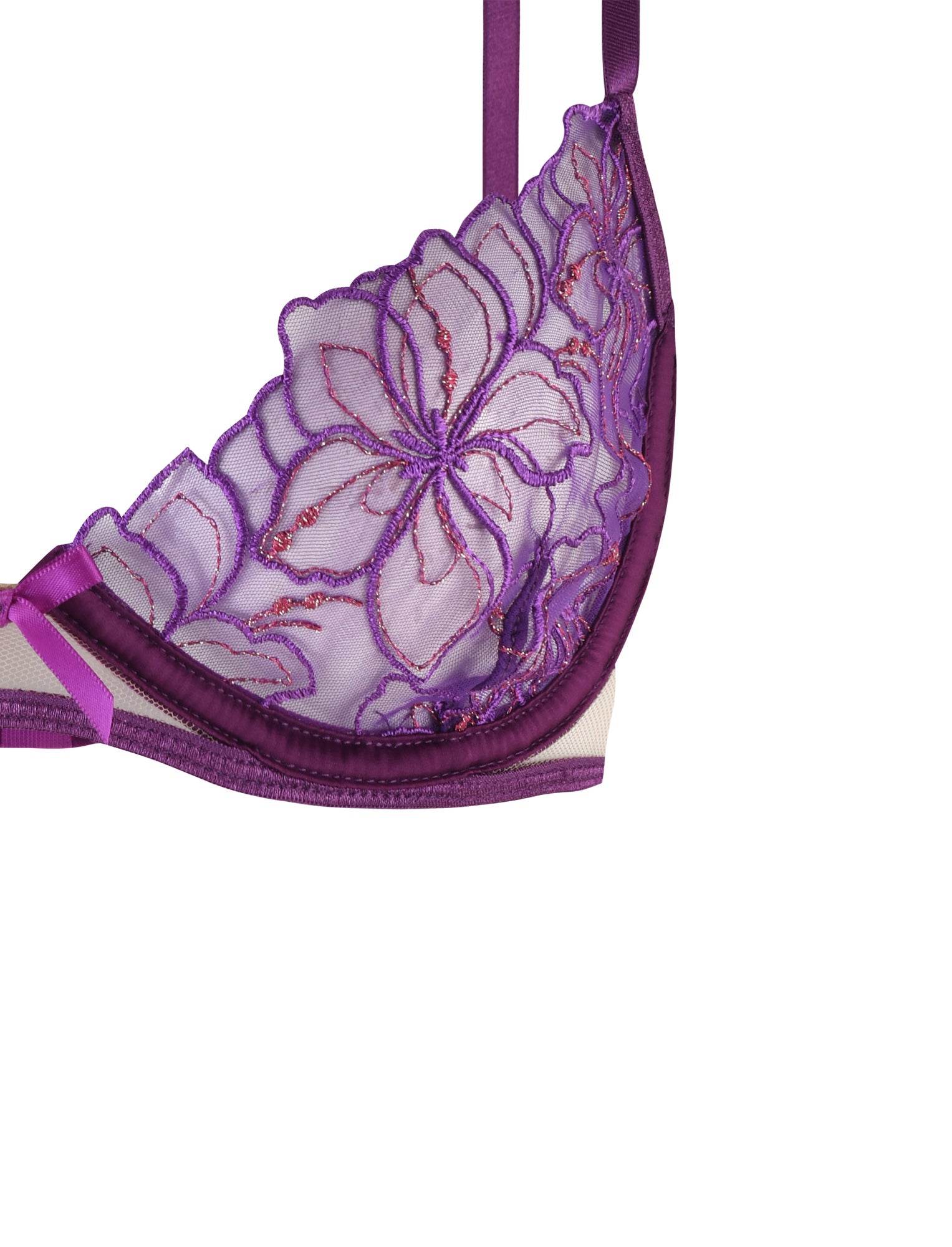 Close-up of the TIGERMIST LAURA SET - PURPLE : LAVENDER, showcasing intricate floral lurex lace embroidery. The delicate pink and purple stitching forms elegant flower patterns. The bra includes adjustable shoulder straps and a small bow on the side, with the white background beautifully highlighting the details of the fabric.