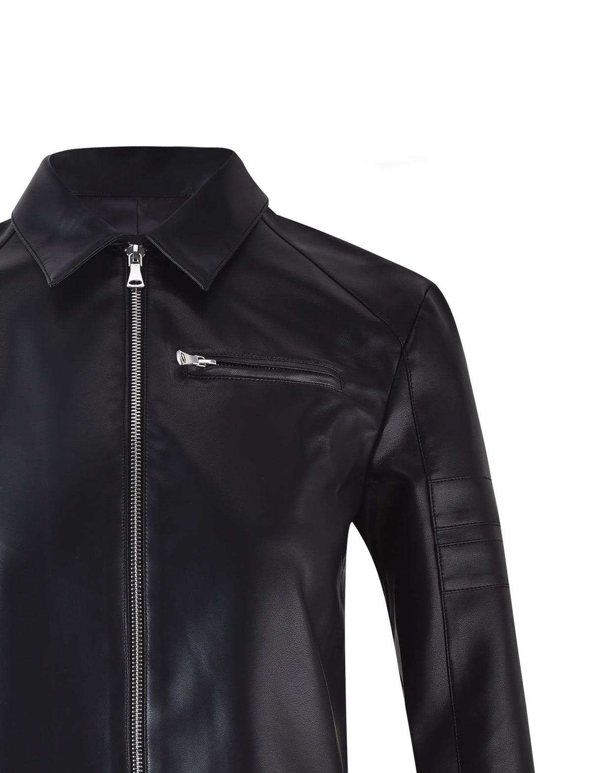 A TIGERMIST RYDER JACKET - BLACK featuring a silver front zipper, a small zippered chest pocket on the left side, a shirt-style collar, and detailed stitching on the shoulders and sleeves. Only the upper half of this black leather jacket is visible in the image.