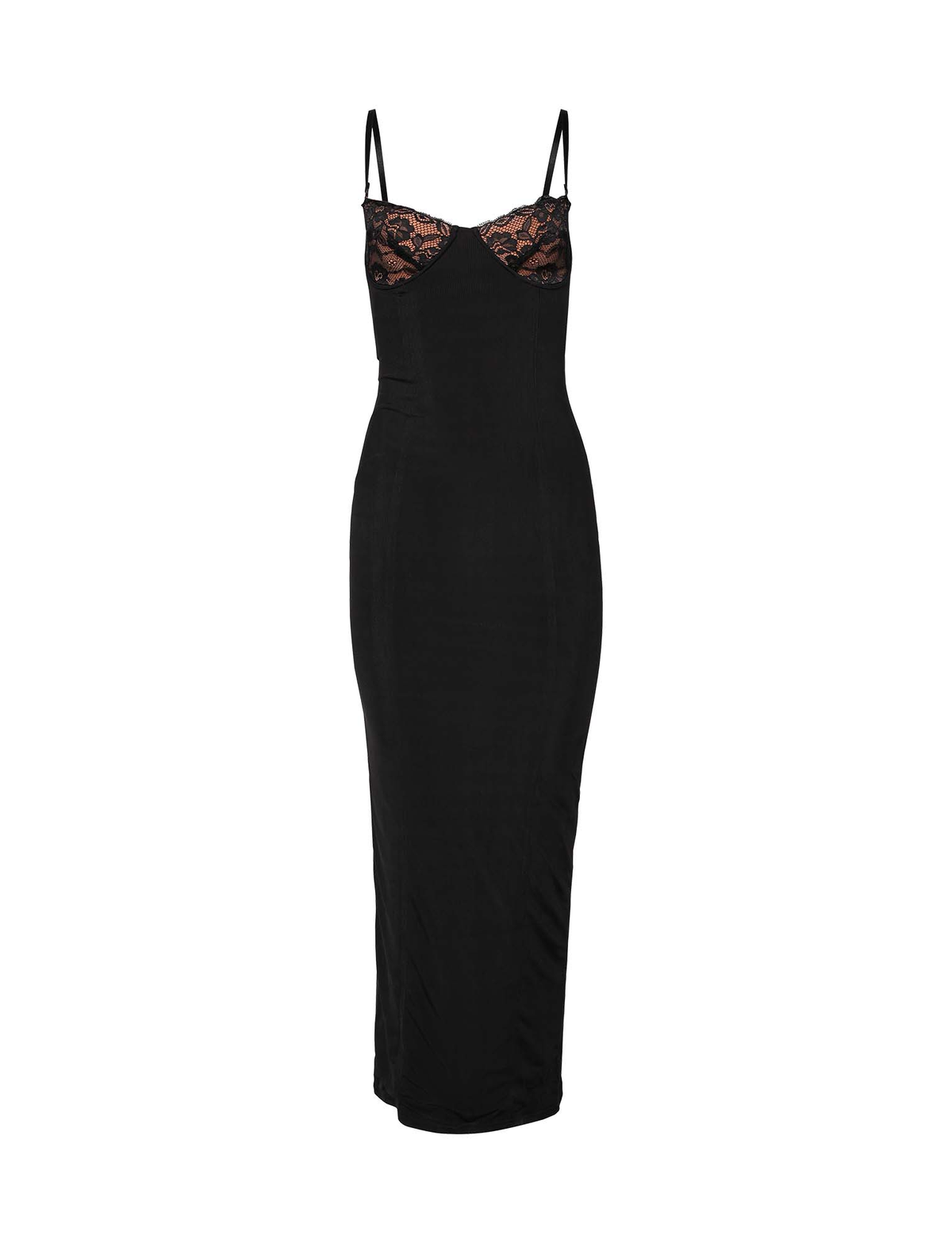 The ALLURA MAXI DRESS - BLACK by TIGERMIST is a sleeveless, fitted black bodycon dress with thin spaghetti straps and sheer lace bra cups. Displayed on a white background.