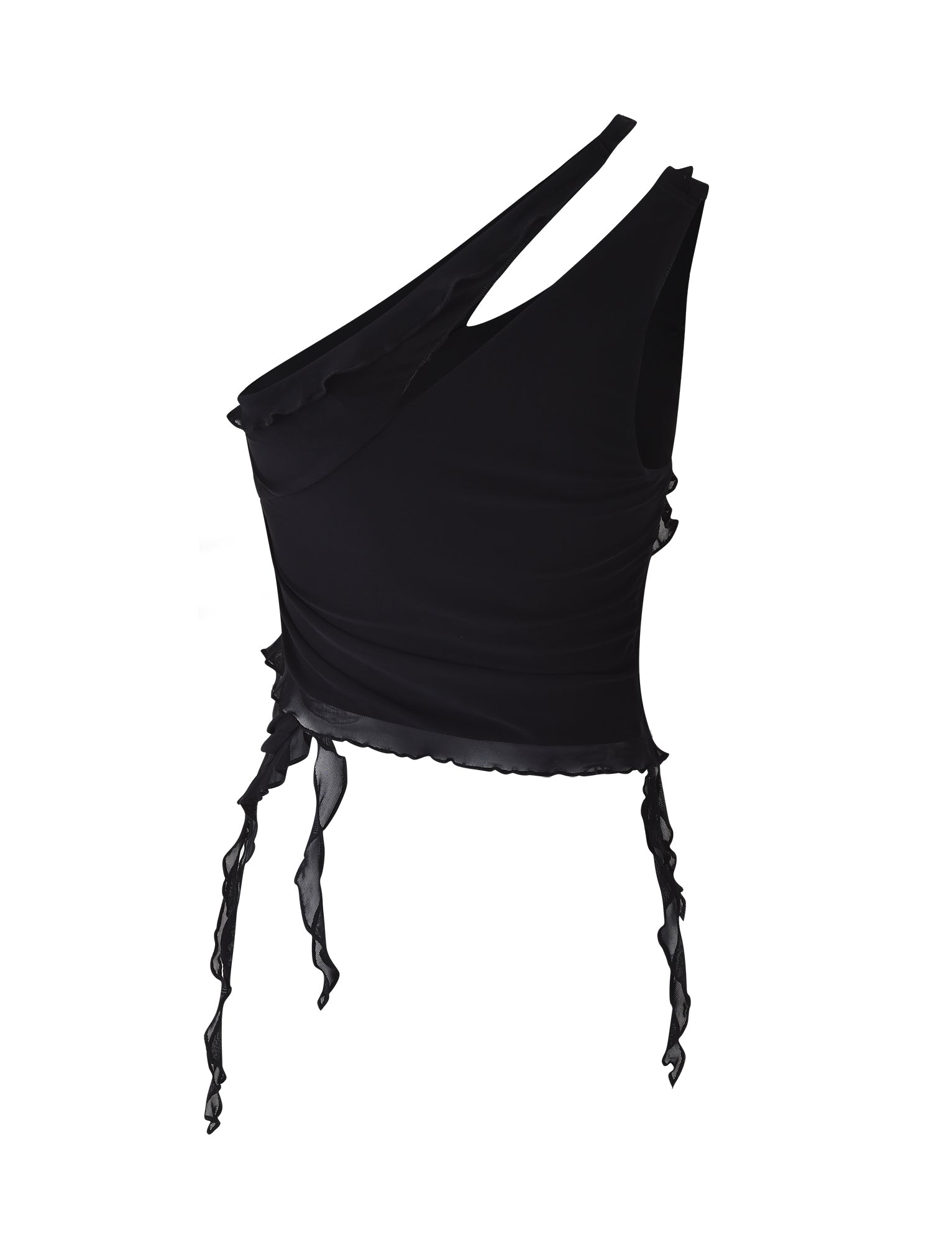 The DIONNE TOP - BLACK from TIGERMIST is a stylish one-shoulder crop top that features an asymmetrical design with ruffled edges and long, wavy fabric ties hanging from the bottom hem.