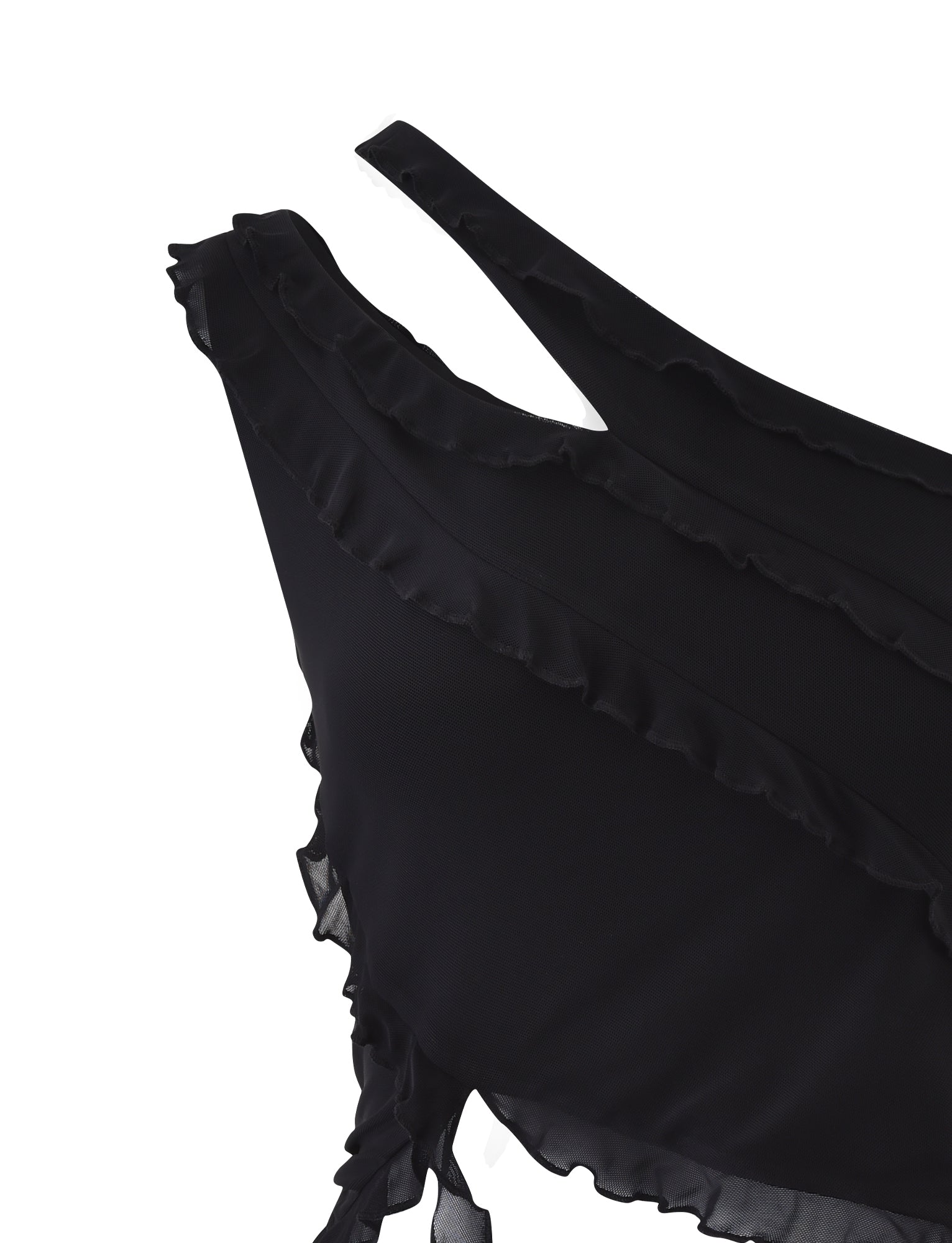 Close-up of the TIGERMIST DIONNE TOP in black, showcasing its one-shoulder design and ruffled layers. The chiffon fabric boasts a sheer, delicate texture with a sophisticated element flowing across the shoulder and along the neckline's edge.