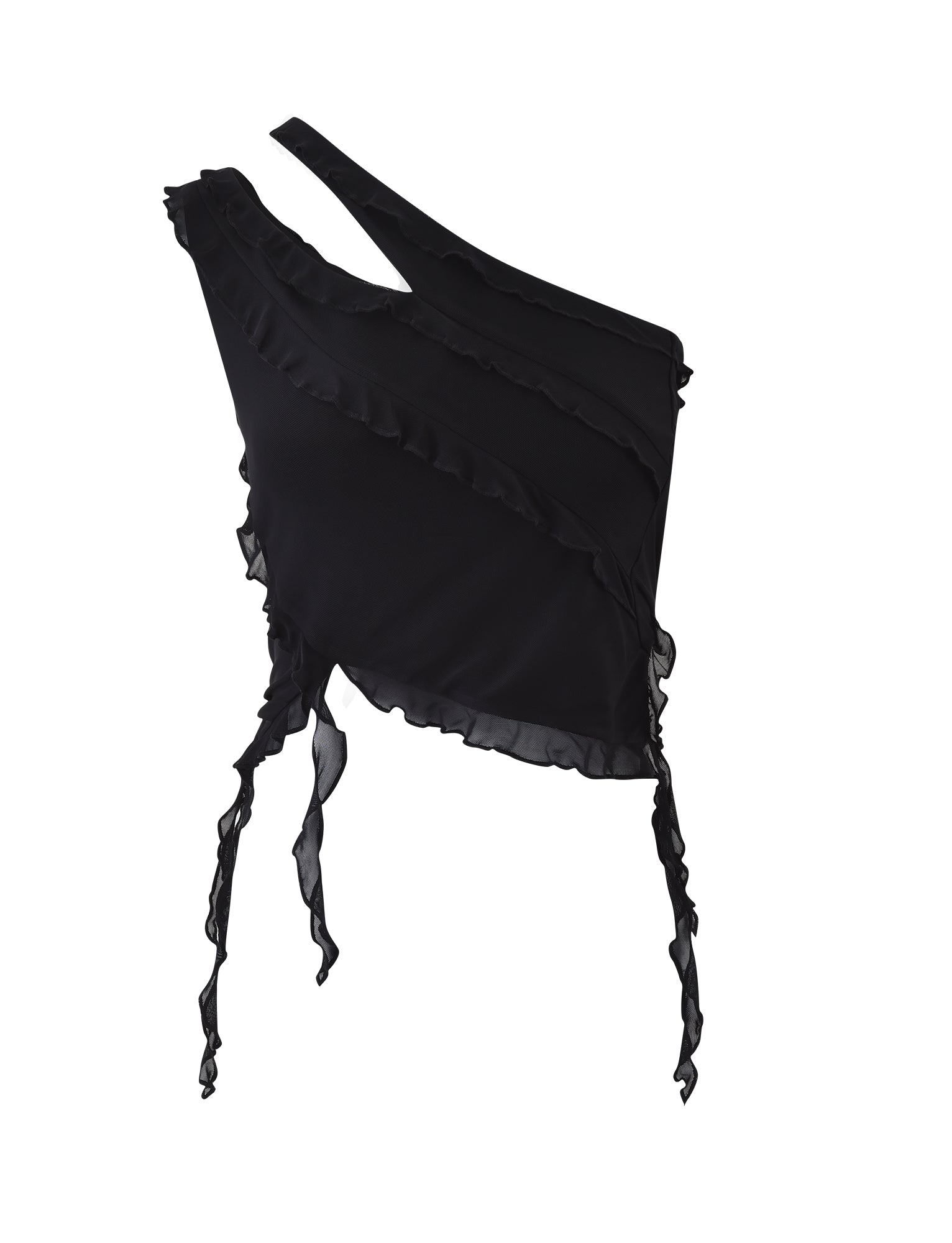 The DIONNE TOP - BLACK from TIGERMIST is a stylish, one-shoulder, asymmetrical top featuring layered ruffles and sheer, flowy ties on the sides. Made from lightweight, slightly translucent fabric, it offers an elegant and fashionable design.