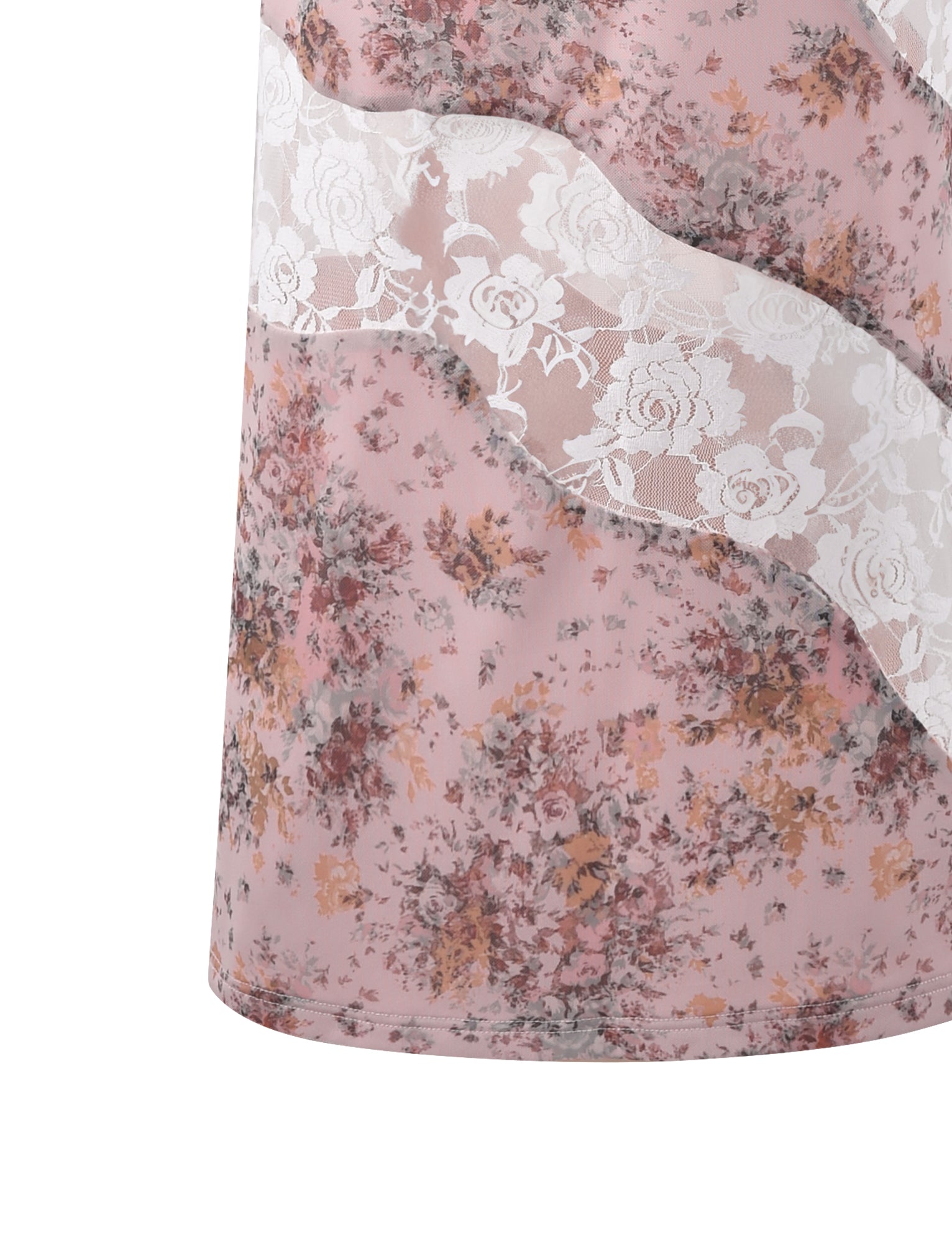 Close-up of the COLSON SKIRT - PINK : CAMO FLORAL by TIGERMIST, showcasing a pink floral fabric with white lace detail running diagonally across it. The skirt features a pattern of small, delicate flowers in shades of pink, purple, and brown, giving it a soft and feminine look reminiscent of TIGERMIST's delicate designs.