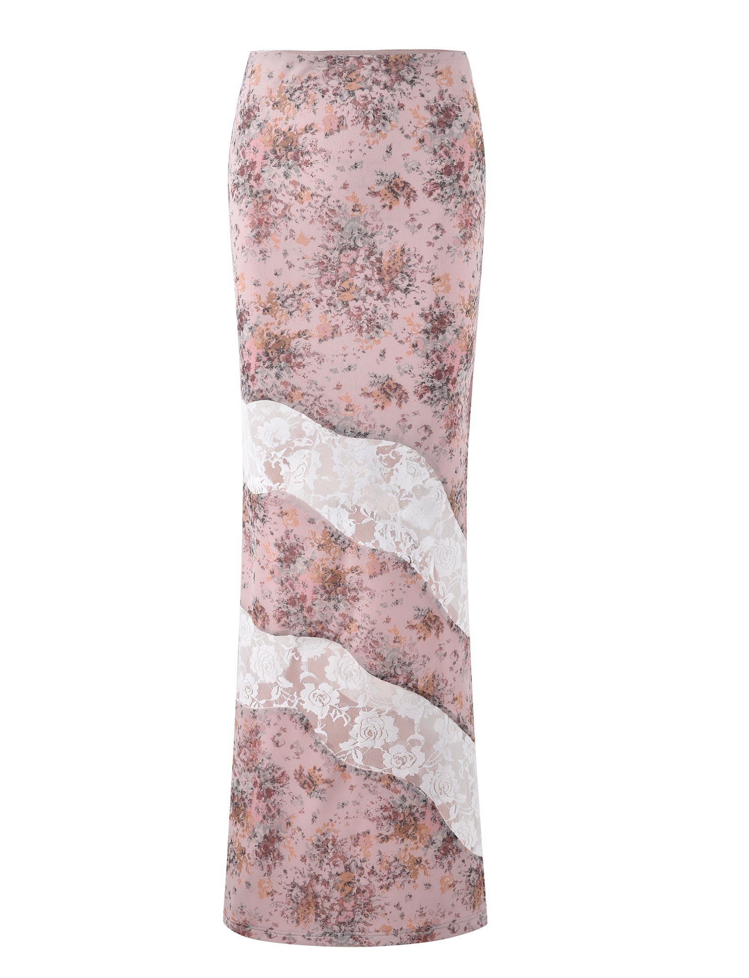 The COLSON SKIRT - PINK: CAMO FLORAL by TIGERMIST features a long, pastel pink design with a beautiful floral print and a wavy white lace band running diagonally across it. The slim, straight silhouette is tailored for a snug fit, perfectly capturing TIGERMIST's chic and modern style.