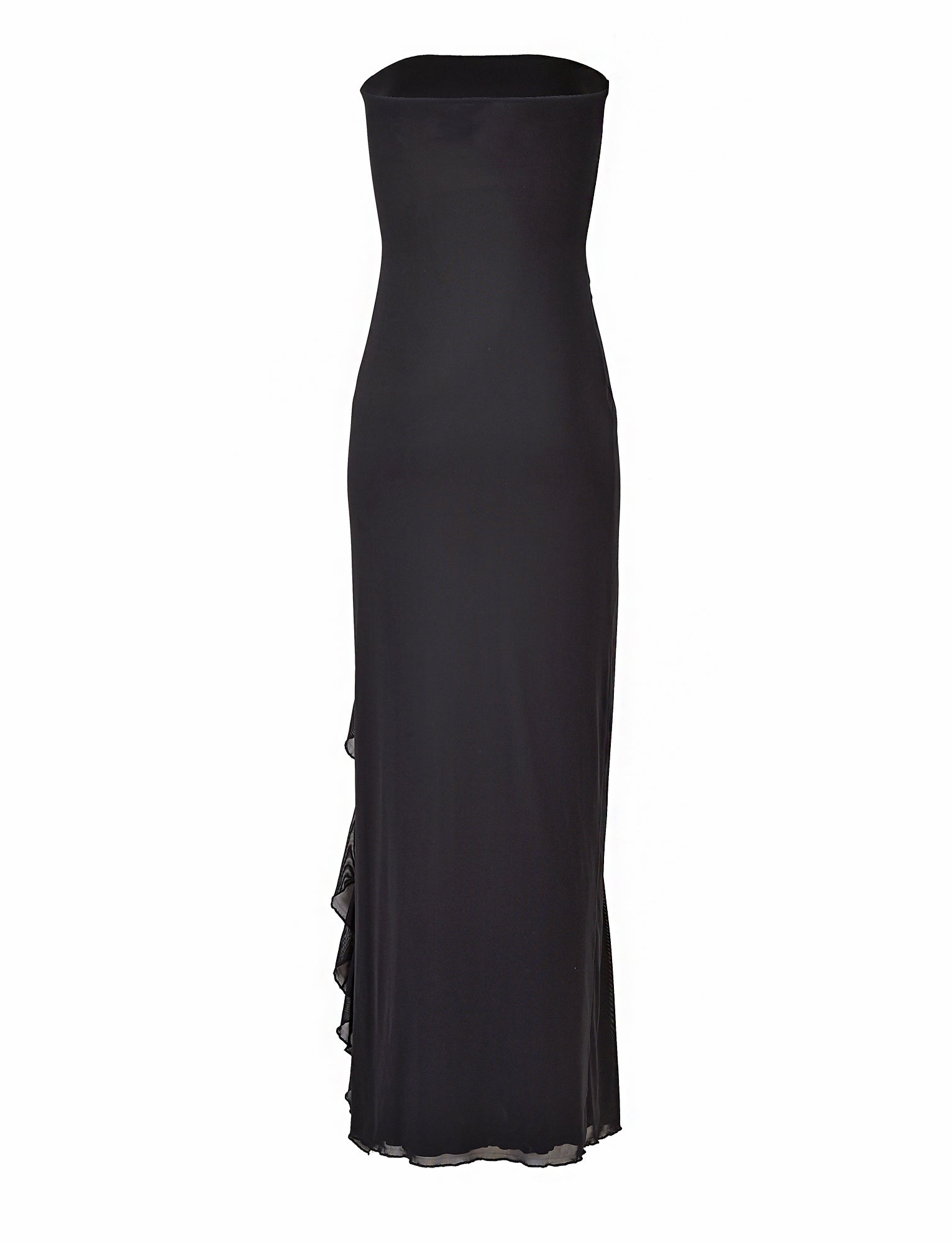The Theo Maxi Dress - Black by TigerMist is a sleek, strapless evening gown with a floor-length design. It features a straight neckline and subtle ruffles cascading down one side, adding an elegant touch. The fabric is smooth and fitted, accentuating a sophisticated silhouette.