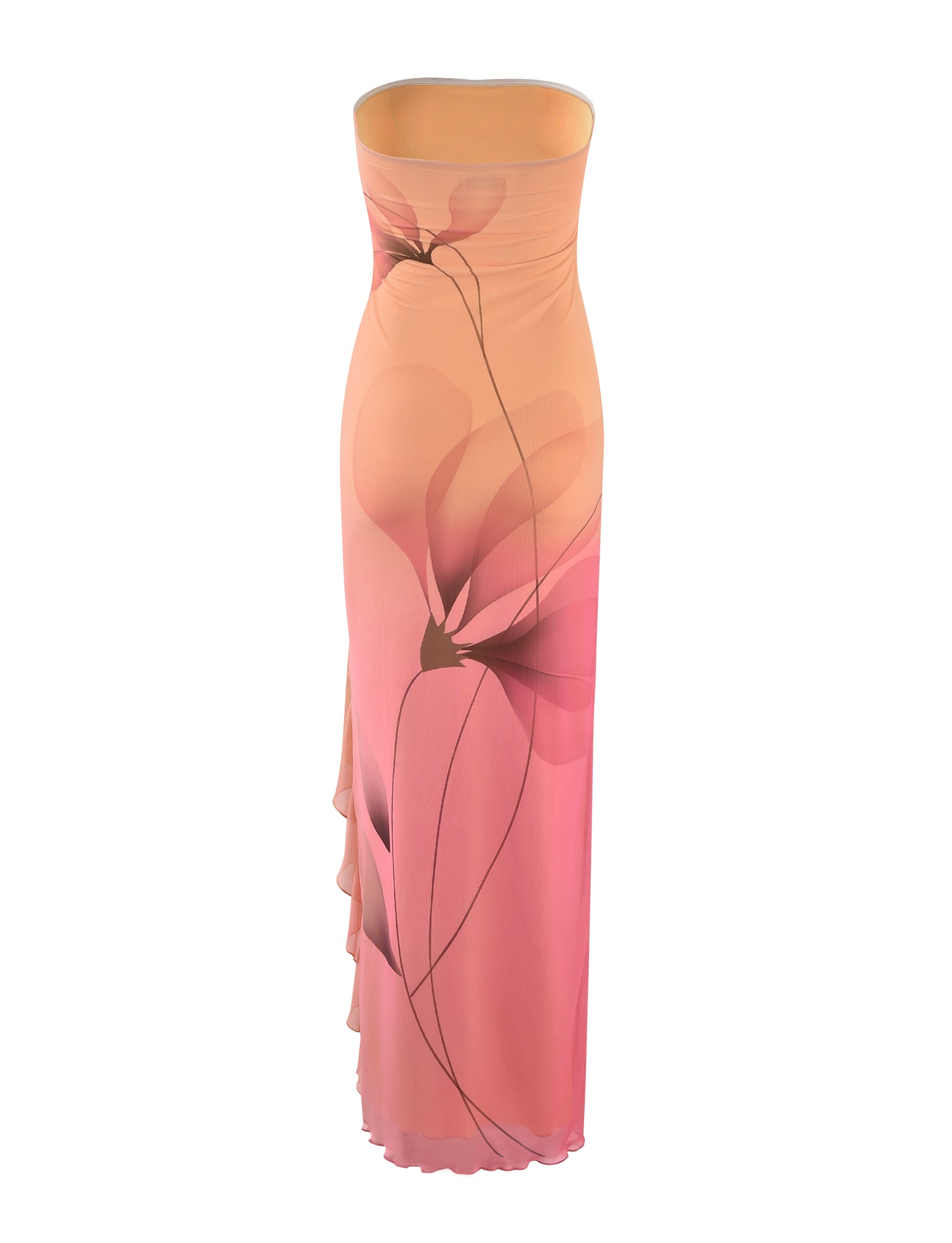 The Theo Maxi Dress from TigerMist is a strapless, floor-length gown with a fitted bodice in a gradient of soft peach to pink hues. Featuring a delicate, abstract floral design and a subtle side slit, this dress exudes a flowing and elegant appearance.