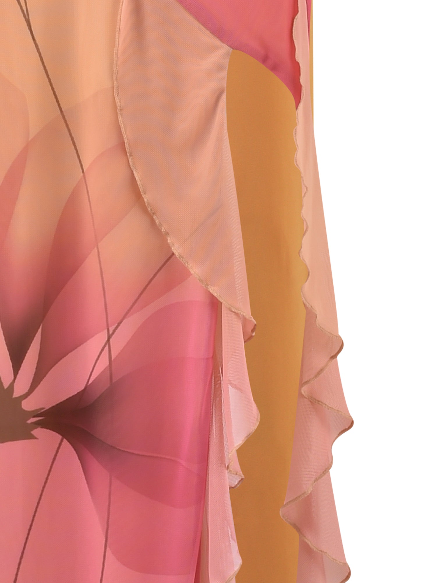 A close-up shot of the TIGERMIST THEO MAXI DRESS made of sheer fabric with stitching along the hem. The fabric features a macro floral design in gradient shades of pink, yellow, and orange. The edges display delicate ruffled layers, contributing to a flowing, ethereal appearance.