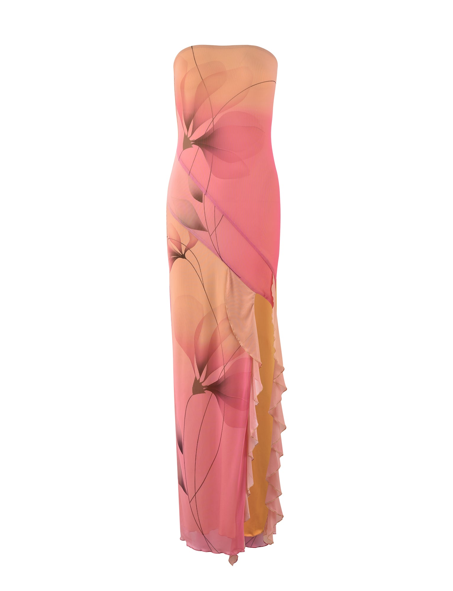 The THEO MAXI DRESS - MULTI : MACRO FLORAL : GRADIENT FLORAL from TIGERMIST is a strapless, floor-length dress that boasts a flowing A-line silhouette. It features a captivating gradient from pink to peach and is adorned with an elegant abstract floral pattern. The layered fabric enhances the sense of movement and elegance.