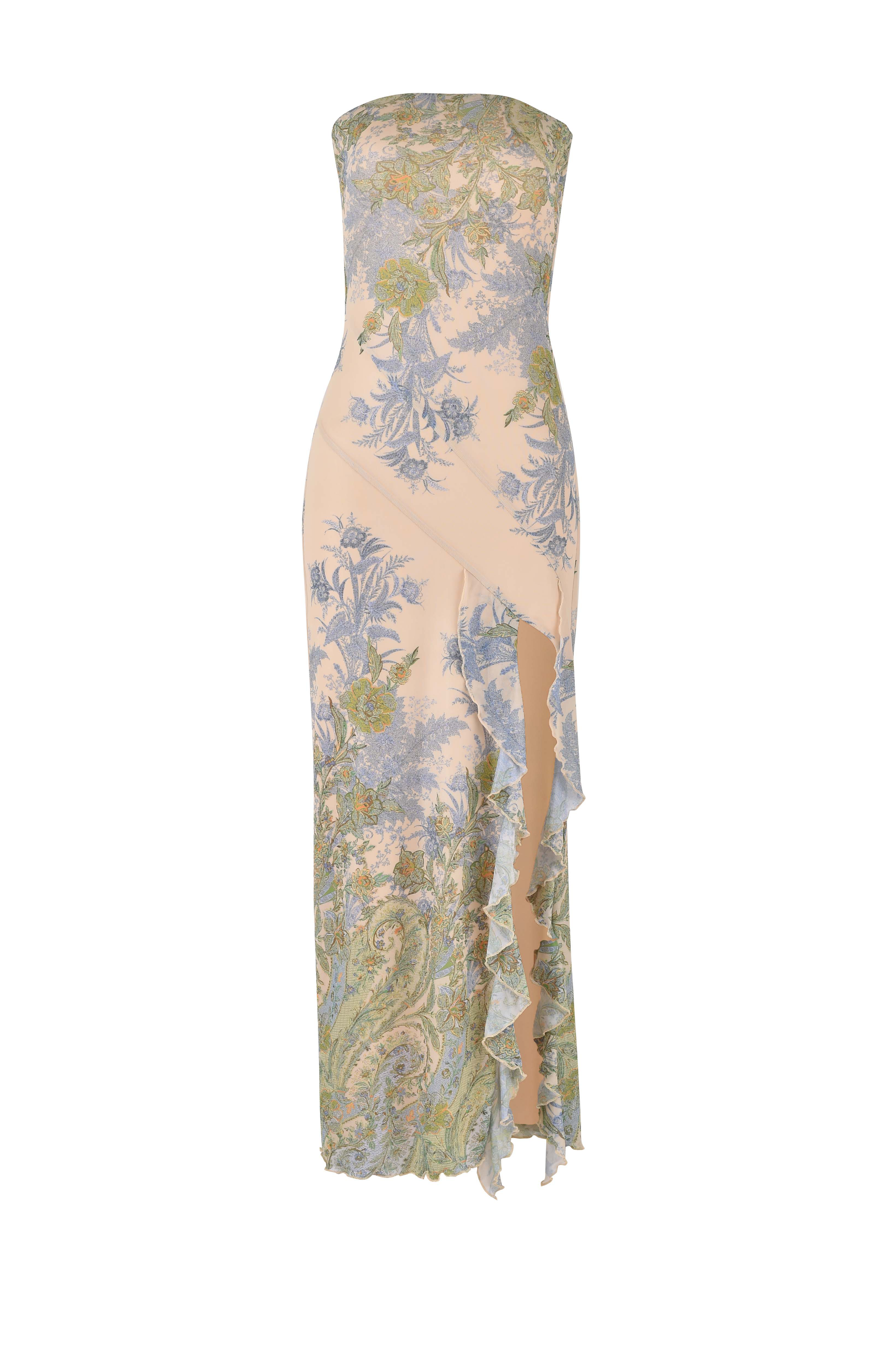 The THEO MAXI DRESS - MULTI: PAISLEY: TAPESTRY by TIGERMIST is a strapless mesh bandeau maxi dress with a fitted silhouette, pastel green, blue, and beige floral patterns, and an asymmetrical ruffled hem.