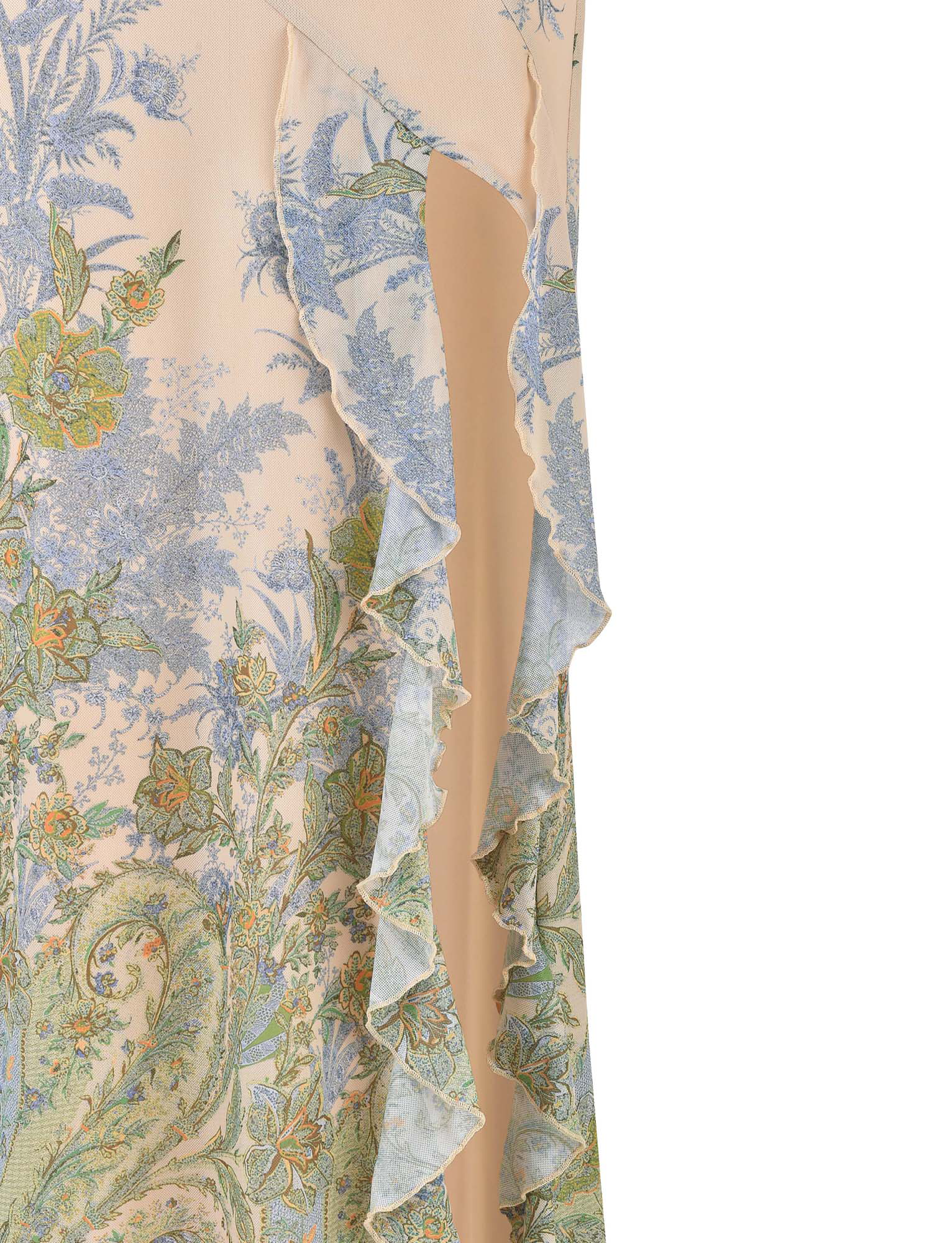 Close-up of light peach fabric with blue and green paisley tapestry print and ruffled edges, showcasing the soft, flowing texture of the TIGERMIST THEO MAXI DRESS - MULTI : PAISLEY : TAPESTRY.