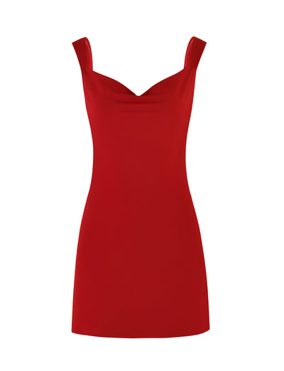 The TIGERMIST Morana Mini Dress in Cherry Red is a sleeveless design featuring a fitted silhouette and wide shoulder straps. Its sweetheart neckline accentuates the simple yet elegant style, creating a timeless and sophisticated appearance.