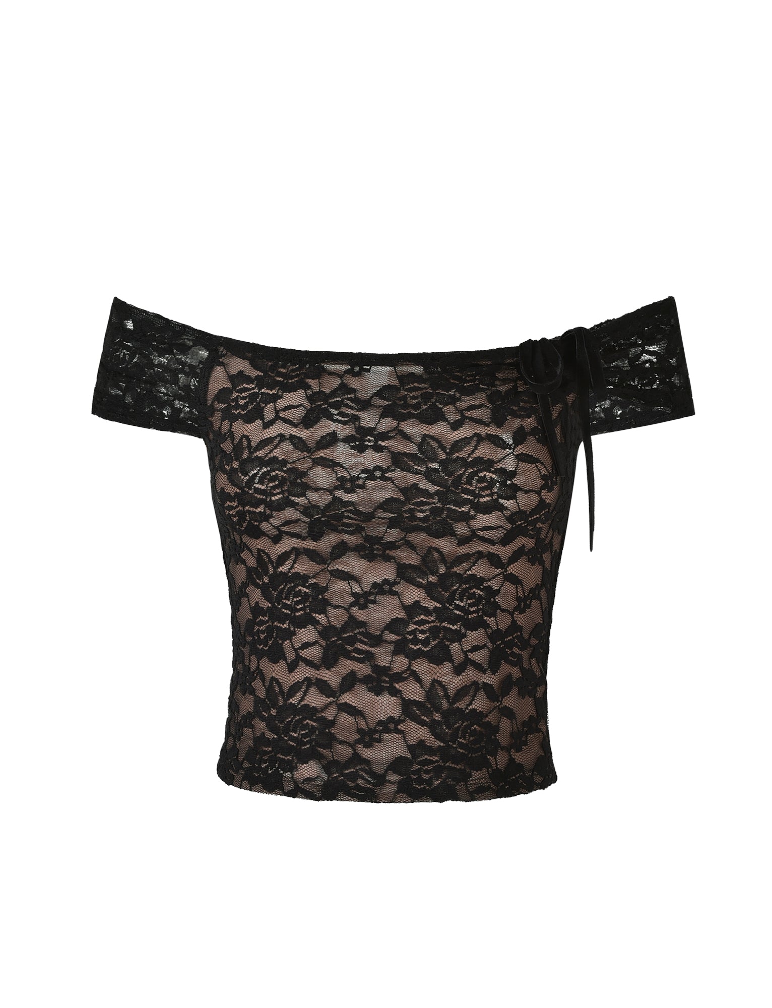 This image showcases the CYD TOP - BLACK from TIGERMIST, featuring an off-the-shoulder design with a floral lace pattern. The top also sports a small bow on one side of the neckline. The fabric appears to be sheer with a nude lining underneath the lace, complemented by short sleeves and a fitted design.