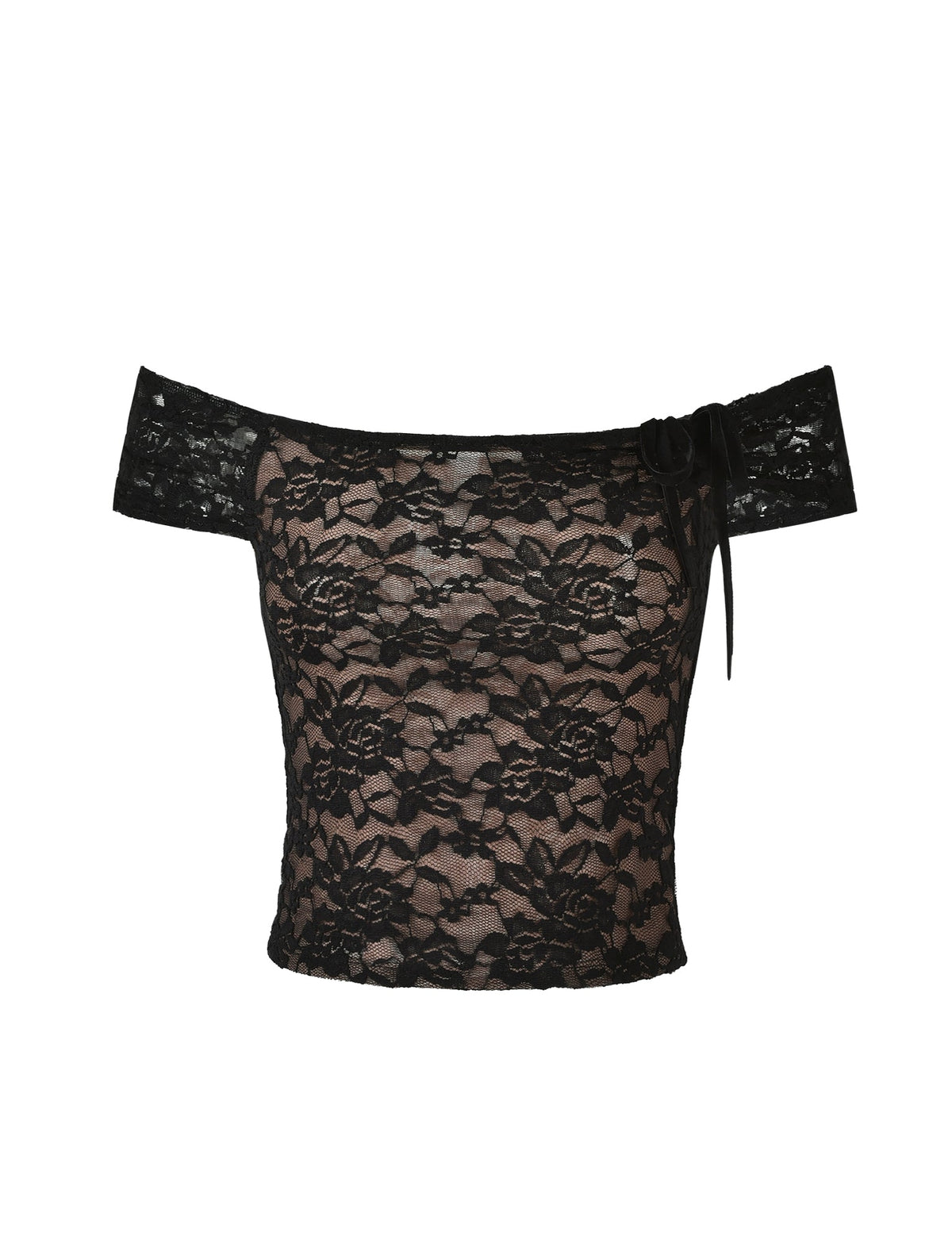 This image showcases the CYD TOP - BLACK from TIGERMIST, featuring an off-the-shoulder design with a floral lace pattern. The top also sports a small bow on one side of the neckline. The fabric appears to be sheer with a nude lining underneath the lace, complemented by short sleeves and a fitted design.