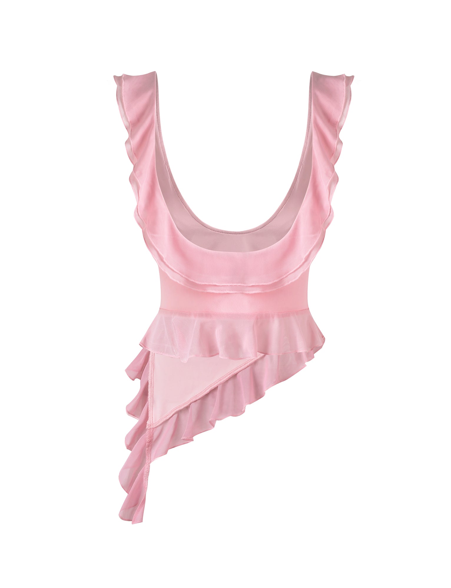 The STORMI TOP - PINK : BABY PINK from TIGERMIST is a pink sleeveless top with a scoop neckline and asymmetrical design. It features ruffled details along the shoulder straps and around the hemline, creating a layered, textured look. The left side extends longer than the right, adding to the asymmetry.