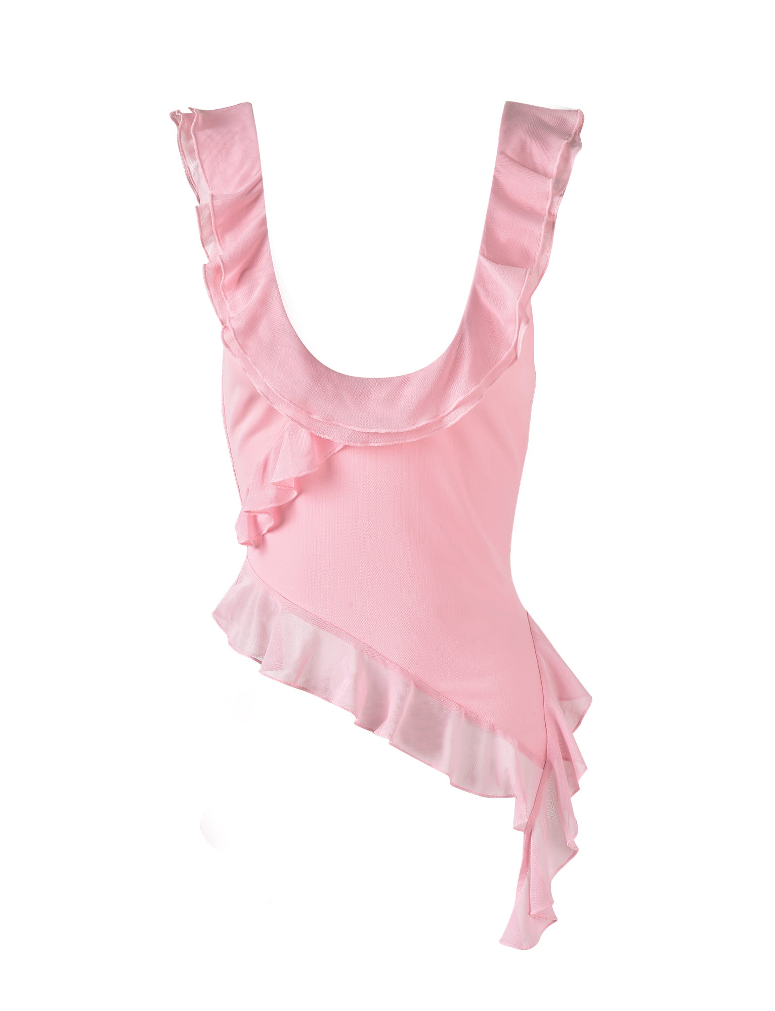 The Stormi Top in Baby Pink by TIGERMIST is a sleeveless, light pink top featuring a deep scoop neckline with ruffled trimming along the neck and down one side. The bottom of the top showcases an asymmetrical hem with additional ruffles.