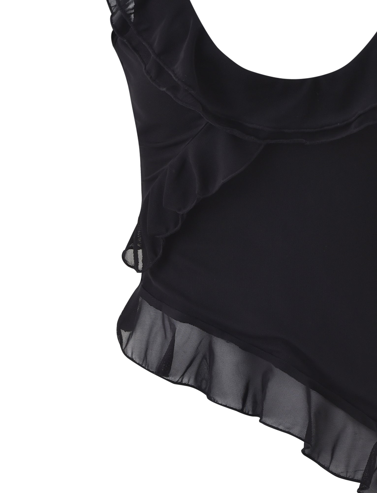 Close-up of the STORMI TOP - BLACK by TIGERMIST, featuring sheer ruffle detailing on the hem and neckline. The lightweight, slightly transparent fabric has a soft, flowing texture, while the ruffles add a touch of elegance to the design.